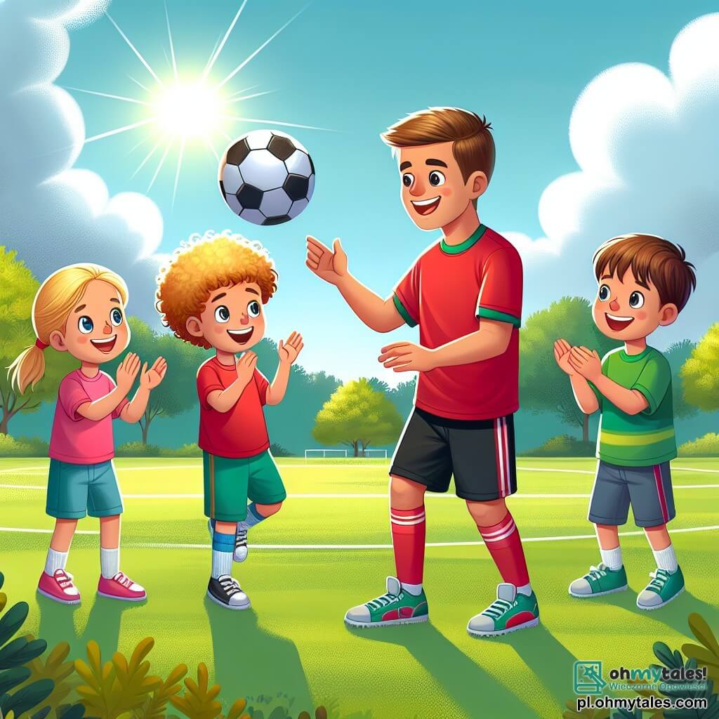 Une illustration sous forme de dessin destinée aux enfants représentant un terrain de football verdoyant ensoleillé, avec un homme athlétique aux cheveux bruns et courts, vêtu d'un maillot rouge et de shorts noirs, montrant aux enfants comment jongler avec un ballon de football, tandis qu'une fille aux cheveux blonds et bouclés, portant un t-shirt rose et un short bleu, et un garçon aux cheveux châtains et en t-shirt vert, applaudissent et sourient avec enthousiasme, capturant l'esprit de camaraderie et de joie d'apprendre à jouer au football ensemble.