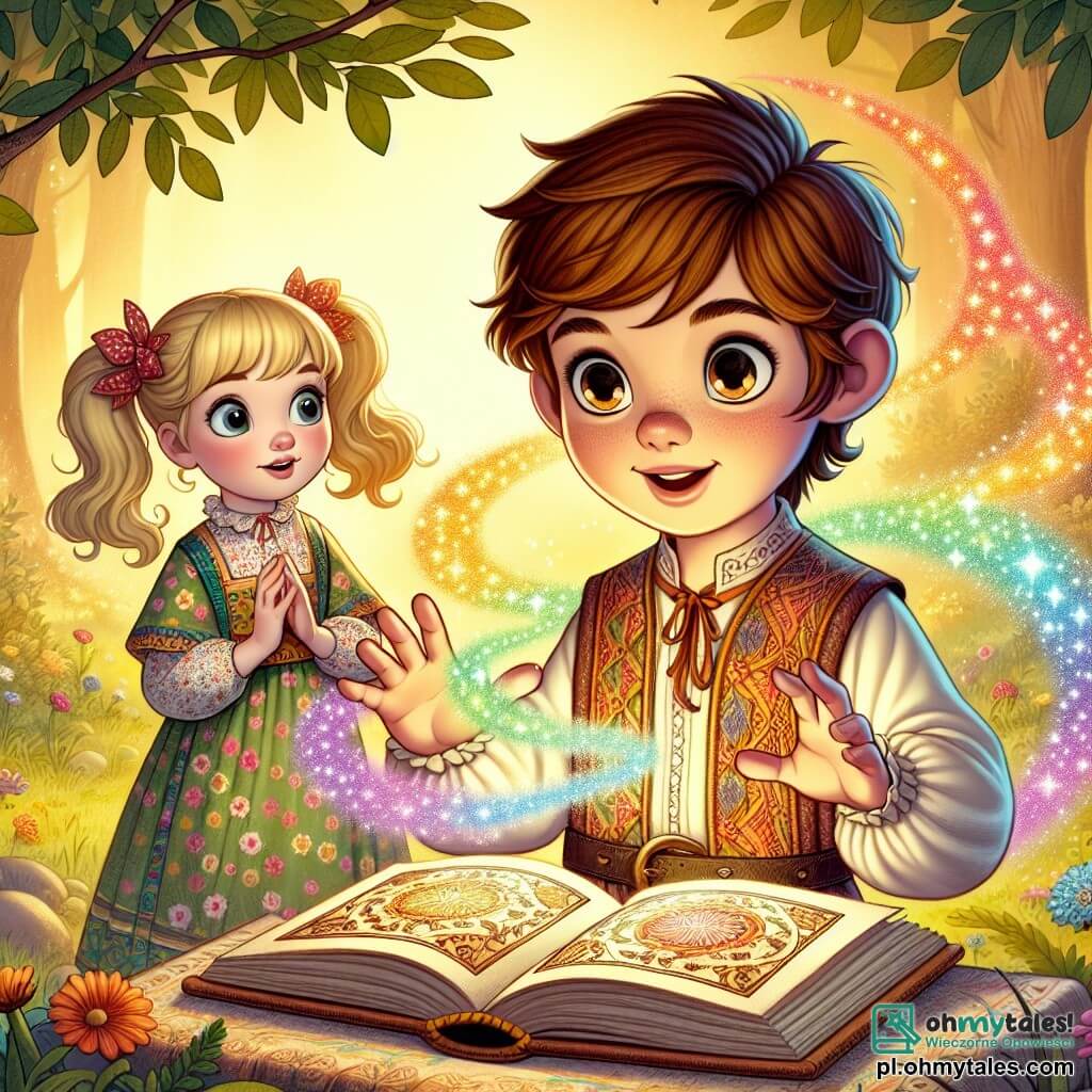 Une illustration sous forme de dessin destinée aux enfants représentant une clairière enchantée, baignée de lumière dorée, où un jeune garçon aux cheveux châtains et aux yeux pétillants, vêtu d'une tunique colorée, s'exerce à lancer un sort avec une vieille livre de magie ouverte devant lui, tandis qu'une petite fille aux cheveux blonds et aux couettes, vêtue d'une robe à fleurs, l'observe avec émerveillement, alors qu'un nuage de couleurs tourbillonnantes s'élève autour d'eux, symbolisant la magie qui s'échappe de leurs mains.