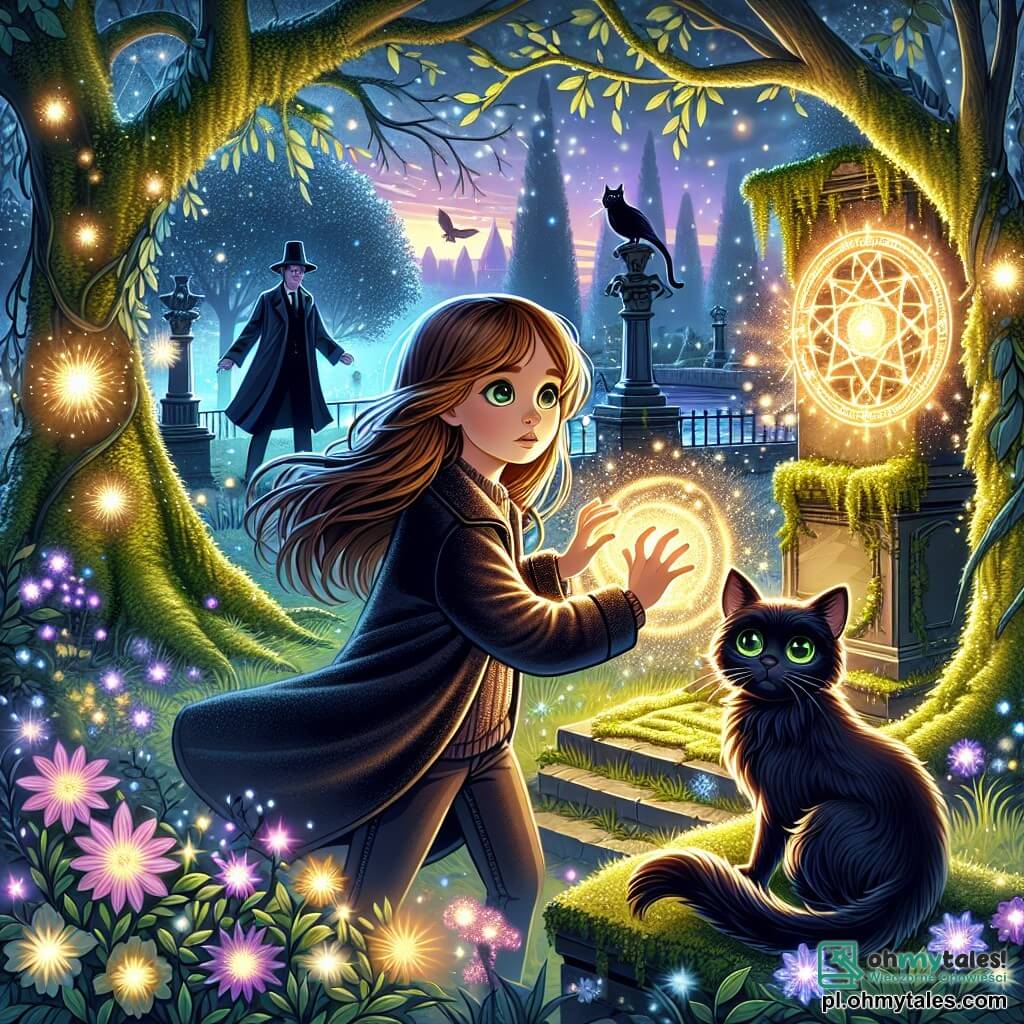Ilustracja przedstawiająca magiczny park o zmierzchu, z drzewami o świecących liściach i luminescencyjnymi kwiatami, które oświetlają ziemię. W centrum stoi dziewczynka w wieku 9 lat, z długimi brązowymi włosami i błyszczącymi oczami pełnymi ciekawości, przed starożytnym pomnikiem pokrytym mchem, z rękami wyciągniętymi w stronę tajemniczego symbolu, który świeci złotym światłem. Obok niej czarny kot o jedwabistym futrze i błyszczących zielonych oczach, który wydaje się jednocześnie opiekuńczy i zaintrygowany otaczającą magią. W tle sylwetka tajemniczego mężczyzny w wieku około trzydziestu lat, ubranego w długi czarny płaszcz, obserwuje scenę z poważnym wyrazem twarzy, gotowy do interwencji. Dziewczynka, pełna determinacji, przygotowuje się do uwolnienia potężnej magii, aby chronić swój świat, podczas gdy błyski światła wystrzeliwują z symbolu na pomniku, tworząc atmosferę napięcia i przygody.