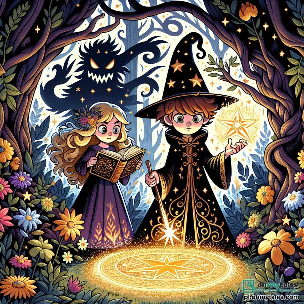 Une illustration sous forme de dessin destinée aux enfants représentant une forêt enchantée, avec des arbres aux troncs tordus et des feuilles scintillantes, où un jeune sorcier aux cheveux bruns et aux yeux pétillants, vêtu d'une robe noire ornée d'étoiles dorées, brandit une baguette magique illuminée, tandis qu'à ses côtés, une courageuse sorcière aux longs cheveux blonds et à la robe violette, tenant un grimoire ouvert, observe attentivement un mystérieux Złoty Kwiat qui brille au centre d'un cercle de fleurs colorées, alors qu'un ombre menaçante se profile derrière eux, symbolisant le danger qu'ils doivent affronter ensemble.