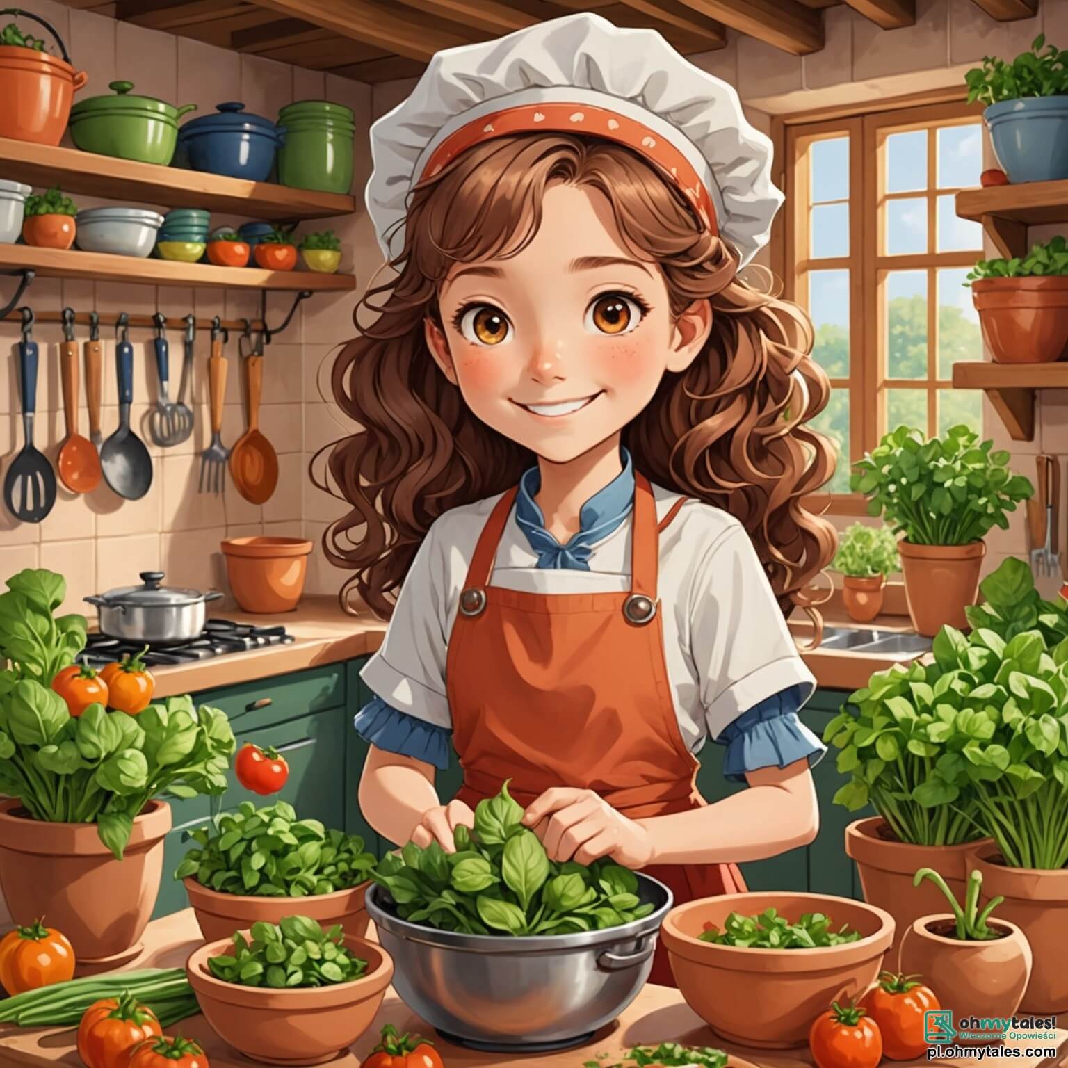Une illustration destinée aux enfants représentant une femme au sourire chaleureux, avec de longs cheveux bouclés et un joli tablier coloré, se tenant fièrement dans une cuisine lumineuse et accueillante, remplie de pots en terre cuite débordant d'herbes fraîches et de légumes colorés, où elle enseigne à deux garçons curieux, l'un aux yeux pétillants et l'autre avec un chapeau de chef trop grand, comment préparer des plats délicieux et créatifs, tout en partageant des rires et des secrets culinaires dans son restaurant magique, "Smakowite Przyjemności", où chaque coin est décoré de photos de plats savoureux et de dessins d'enfants, créant une atmosphère joyeuse et inspirante.