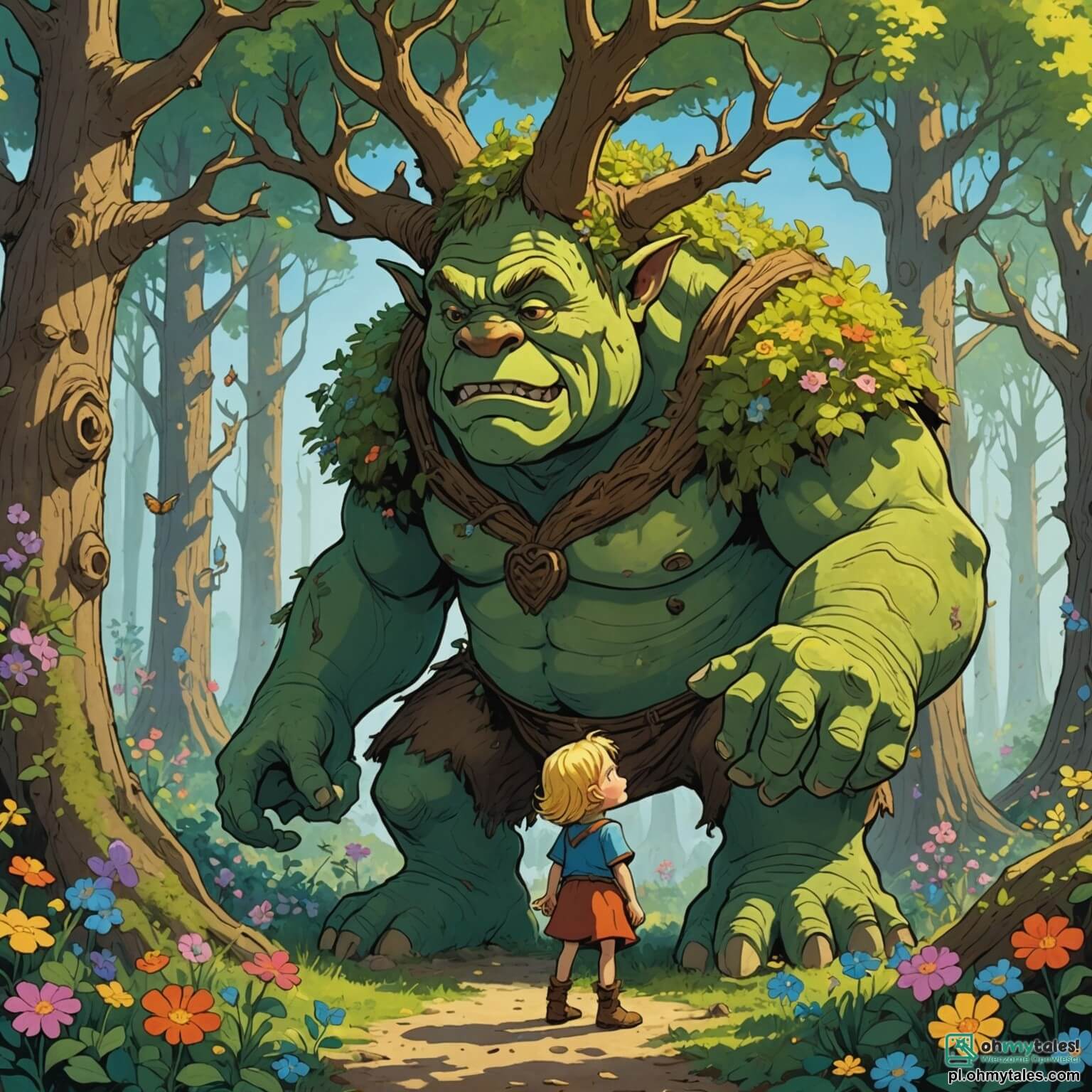 Une illustration destinée aux enfants représentant un ogre au cœur d'une forêt enchantée, où les arbres aux troncs noueux s'élèvent vers le ciel comme des géants bienveillants, tandis que des fleurs multicolores dansent au rythme du vent, l'ogre, un garçon au grand cœur, se retrouve face à une petite fille aux cheveux dorés, pleine de curiosité, alors qu'ils préparent ensemble un concert magique pour rassembler tous les habitants de ce monde féerique.