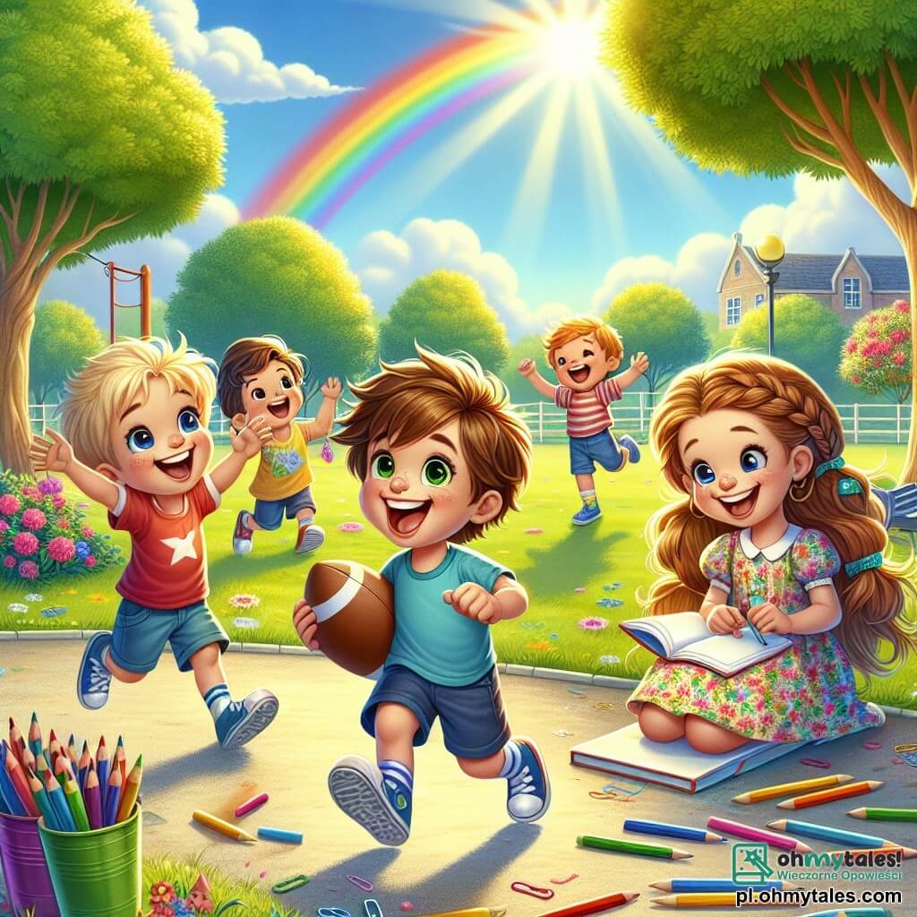 Ilustracja przedstawiająca radosną scenę na słonecznym podwórku szkolnym, otoczonym wysokimi drzewami z jaskrawozielonymi liśćmi i kolorowymi kwiatami. W centrum grupa dzieci bawi się wesoło: ośmioletni chłopiec z potarganymi brązowymi włosami ma na sobie niebieską koszulkę i szorty, trzyma piłkę nożną i szeroko się uśmiecha. Obok niego ośmioletnia dziewczynka z długimi warkoczami blond włosów ma na sobie kwiecistą sukienkę i rysuje w zeszycie, wokół niej leżą kolorowe kredki. Inny chłopiec, również ośmioletni, w czerwonej koszulce i szortach, śmieje się, biegnąc w ich stronę. Scena emanuje atmosferą koleżeństwa i radości, słychać śmiechy i okrzyki, a w niebieskim niebie rysuje się piękna tęcza, dodając magicznego akcentu do tego momentu powrotu do szkoły.