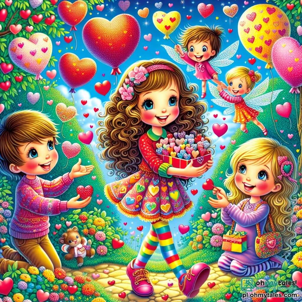 Une illustration sous forme de dessin destinée aux enfants représentant un jardin coloré décoré de cœurs et de ballons pour la Saint-Valentin, où une fille de 11 ans aux longs cheveux bouclés et portant des chaussettes multicolores sourit joyeusement en distribuant des petits cœurs en papier à ses amis, un garçon aux cheveux bruns et une fille aux cheveux blonds, tous deux vêtus de vêtements festifs, tandis qu'une petite fée aux ailes scintillantes flotte au-dessus d'eux, créant une atmosphère magique et pleine de rires.
