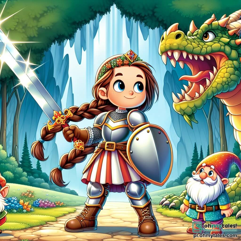 Une illustration sous forme de dessin destinée aux enfants représentant une vaste clairière enchantée au cœur de la forêt, où une courageuse chevaleresse aux longs cheveux châtains tressés, vêtue d'une armure étincelante et brandissant un épée scintillante, se tient fièrement face à un immense dragon aux écailles brillantes, tandis qu'un petit gnome aux yeux pétillants et à la barbe touffue, vêtu de vêtements colorés, observe avec admiration et inquiétude, illustrant ainsi le moment décisif où la chevaleresse se prépare à défendre son royaume contre la créature menaçante.