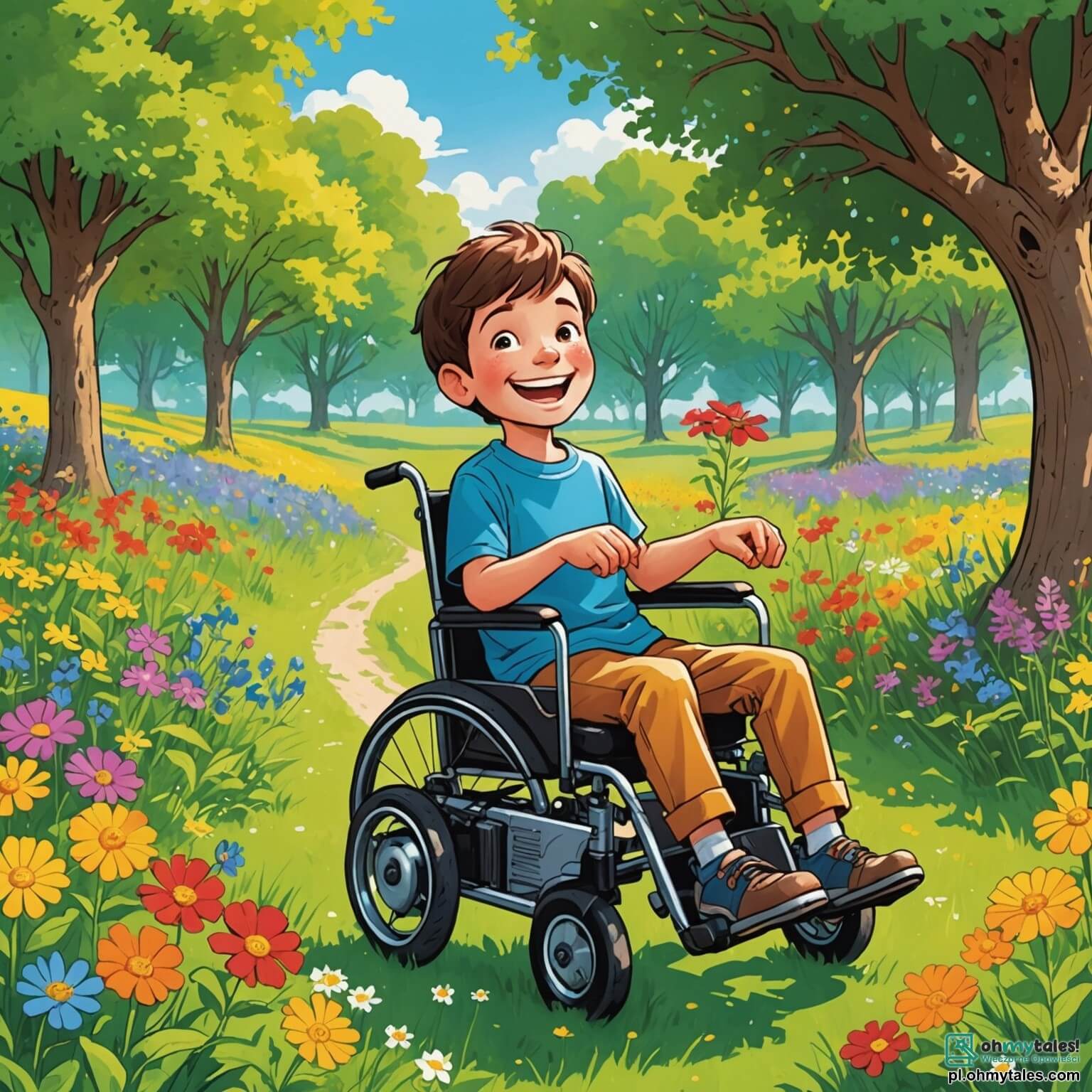 Une illustration destinée aux enfants représentant un garçon aux yeux pétillants et au sourire éclatant, assis dans un fauteuil roulant coloré, entouré de verdoyantes prairies parsemées de fleurs sauvages aux couleurs éclatantes, tandis qu'il partage des rires et des aventures avec son meilleur ami, un autre garçon plein de vie, dans un parc ensoleillé où les arbres majestueux dansent doucement sous la brise légère, créant un tableau de camaraderie et de joie, malgré les défis que le garçon doit surmonter au quotidien.