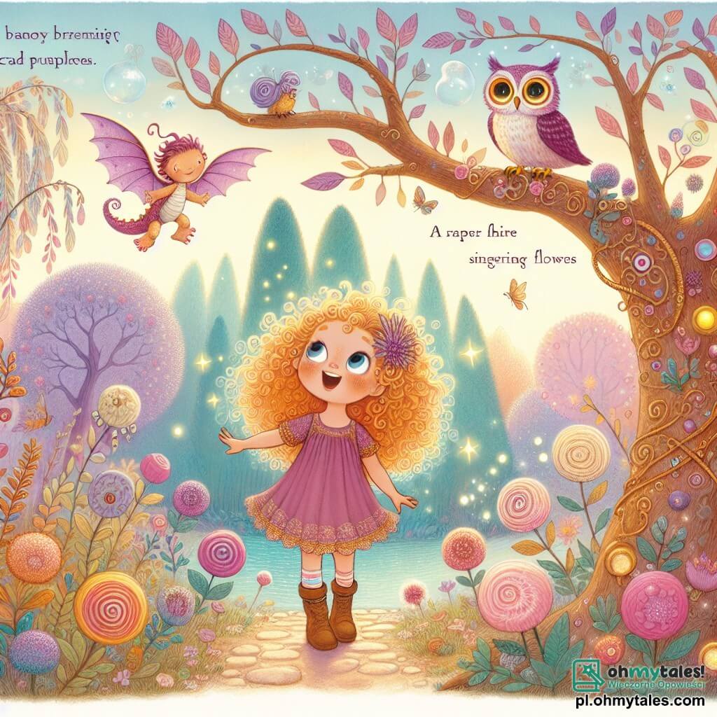 Une illustration destinée aux enfants représentant une petite fille aux cheveux bouclés couleur caramel, pétillante de curiosité et d'énergie, se tenant au bord d'une clairière enchantée où des arbres aux troncs en bonbon et aux feuilles scintillantes dansent sous un ciel pastel, tandis qu'elle s'apprête à explorer un mystérieux sentier bordé de fleurs chantantes, accompagnée de son meilleur ami, un drôle de petit dragon violet à l'air malicieux, qui crache des bulles de savon au lieu de feu, et d'un sage hibou aux lunettes rondes, perché sur une branche, prêt à leur donner des conseils farfelus pour les aider à résoudre les énigmes magiques qui les attendent dans ce monde féerique.