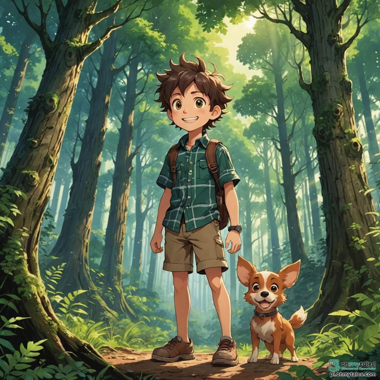 Une illustration destinée aux enfants représentant un garçon aux cheveux ébouriffés et aux yeux pétillants d'excitation, vêtu d'une chemise à carreaux et d'un short, se tenant courageusement devant une mystérieuse forêt dense, où les arbres majestueux aux troncs noueux s'élèvent vers le ciel, leurs feuilles vertes formant un plafond de lumière tamisée, tandis qu'un petit chien aux grandes oreilles, fidèle compagnon du garçon, l'observe avec curiosité, prêt à l'accompagner dans une quête palpitante pour découvrir une ancienne et oubliée wioska cachée au cœur de cette nature enchantée.