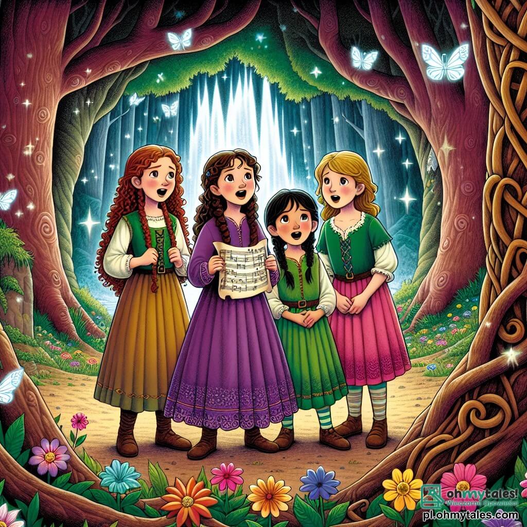 Ilustracja przedstawiająca bajkowy krajobraz muzycznej dżungli, gdzie kolorowe pnie drzew zdają się śpiewać, a kwiaty tańczą w rytmie niewidzialnej melodii. W centrum sceny stoi razem cztery dziewczynki w wieku około 10 lat. Pierwsza, dziewczynka z kręconymi brązowymi włosami, ma na sobie fioletową sukienkę i trzyma w rękach magiczną mapę, a jej oczy błyszczą od ekscytacji. Druga, z warkoczami w blond włosach, ubrana jest w zieloną tunikę i uśmiecha się, patrząc na kwiaty tańczące wokół niej. Trzecia, z gładkimi kasztanowymi włosami, nosi różową sukienkę i wydaje się intensywnie myśleć, trzymając ręce na biodrach. Ostatnia, dziewczynka z krótkimi czarnymi włosami, siedzi na wózku inwalidzkim, ale jej twarz promienieje determinacją. Przygotowują się do wspólnego śpiewania, aby otworzyć wejście do jaskini, w której wewnątrz mieni się tajemniczy kryształ. W tle latają srebrne motylki, dodając magii atmosferze.