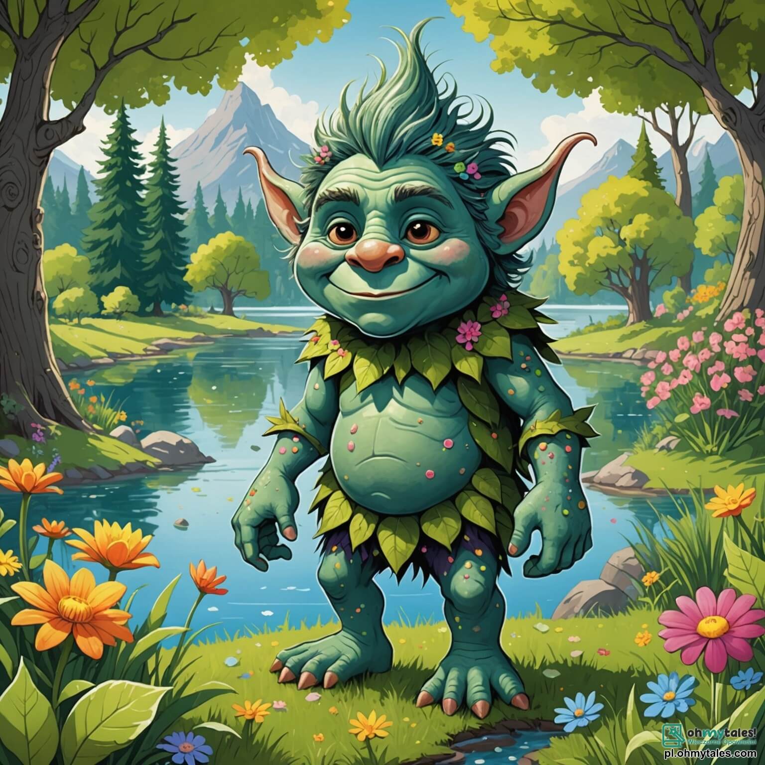 Une illustration destinée aux enfants représentant un petit troll aux yeux pétillants et à la peau verte comme les feuilles des arbres, se trouvant sur une magnifique pelouse parsemée de fleurs colorées, où il découvre un grand troll gris, un peu triste, coincé dans des buissons épineux, le tout au bord d'un lac scintillant sous le soleil, entouré de grands arbres aux troncs noueux et aux branches dansantes.
