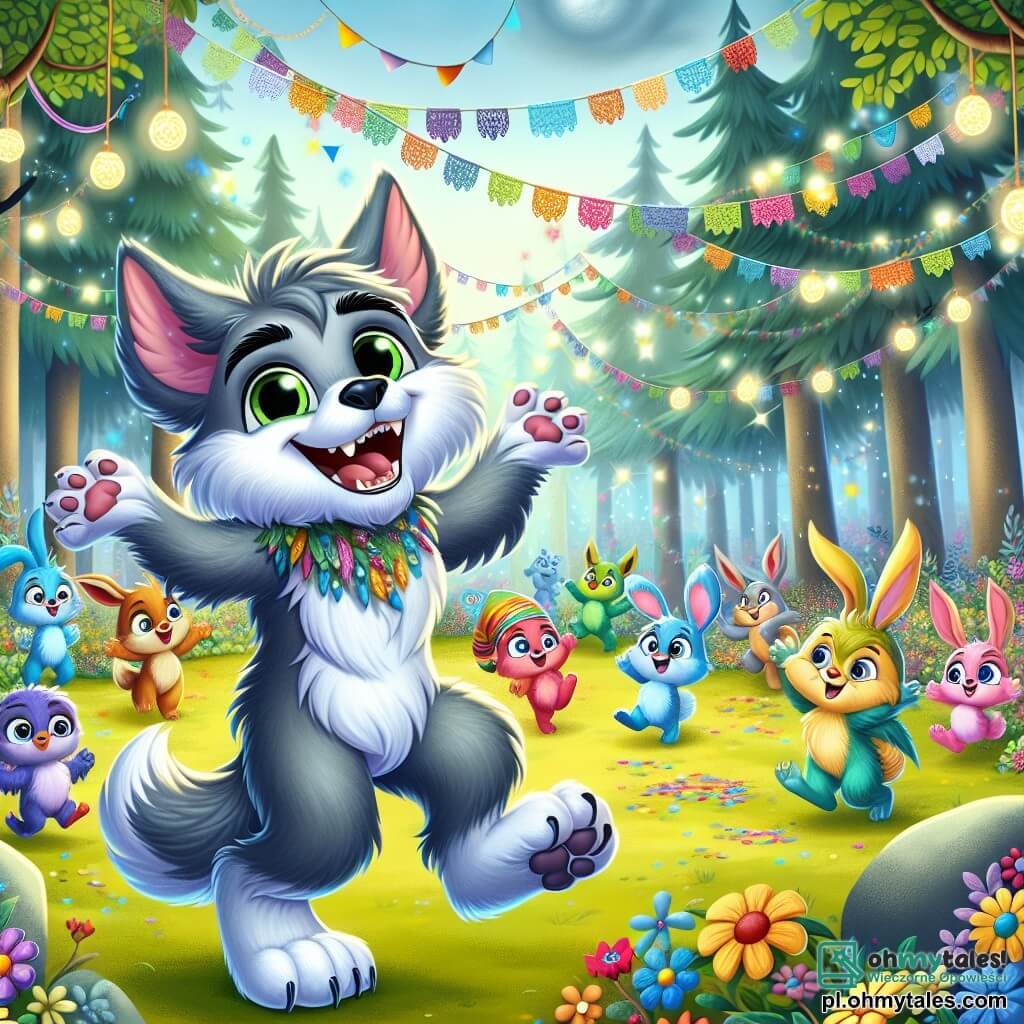 Une illustration sous forme de dessin destinée aux enfants représentant une clairière enchantée dans un forêt magique, où un loup-garou aux grands yeux verts et au pelage doux et soyeux danse joyeusement au rythme de la musique, entouré de petites créatures colorées comme des lapins aux oreilles longues et des oiseaux aux plumes éclatantes, tous riant et s'amusant ensemble lors d'une fête pleine de rires et de joie, avec des guirlandes de fleurs et des lanternes scintillantes illuminant la scène.
