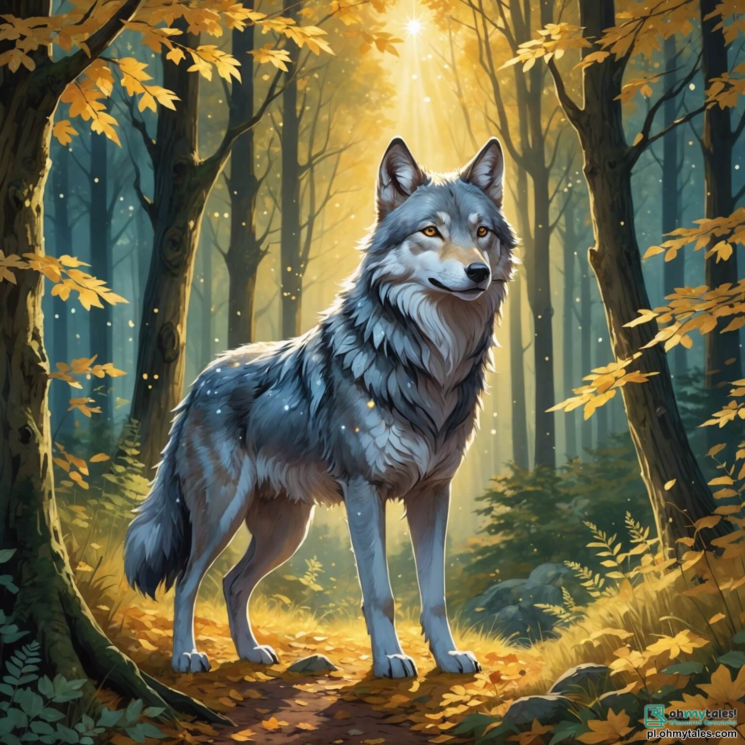 Une illustration destinée aux enfants représentant un loup majestueux au pelage argenté, aux yeux brillants comme des étoiles scintillantes dans la nuit, se tenant sur une clairière verdoyante entourée de grands arbres aux feuilles dorées, où les rayons du soleil filtrent à travers les branches, tandis qu'il rêve de se faire des amis parmi les animaux du bois, comme les timides lapins aux grandes oreilles et les élégantes biches aux yeux doux, qui, bien que méfiants au début, finissent par découvrir la gentillesse cachée de ce prédateur au cœur tendre.