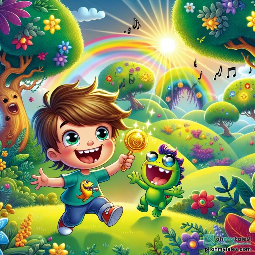 Une illustration sous forme de dessin destinée aux enfants représentant un Zaczarowane Wzgórze aux arbres aux feuilles colorées et aux fleurs chantantes, avec un garçon de 5 ans aux cheveux bruns en bataille, portant une t-shirt avec un dinosaure, qui rit en tenant un brillant sucre d'or, tandis qu'à ses côtés, un petit stworek vert aux grands yeux et au sourire éclatant, vêtu de vêtements colorés, saute de joie, le tout baigné dans une lumière enjouée et magique, illustrant leur découverte d'un monde fantastique rempli de rires et d'aventures.