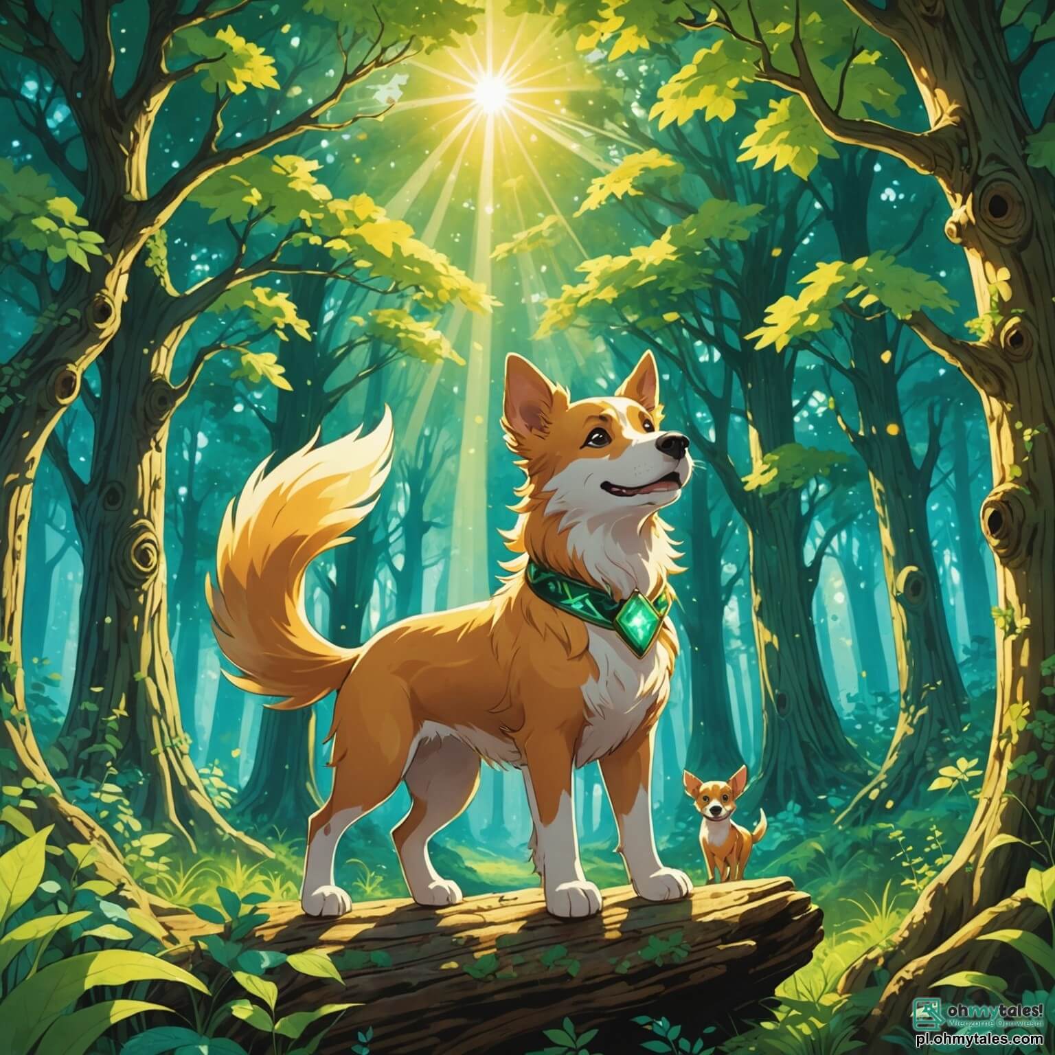 Une illustration destinée aux enfants représentant un chien au pelage doré et brillant comme les rayons du soleil, aux yeux pétillants de curiosité et de malice, se tenant fièrement au milieu d'une forêt enchantée où les arbres majestueux aux troncs noueux s'élèvent vers le ciel azur, leurs feuilles vert émeraude dansant doucement au gré du vent, tandis qu'autour de lui, une joyeuse bande d'animaux, comprenant un chat rusé aux moustaches frémissantes et une vache au doux regard, se prépare à vivre une aventure palpitante à la recherche d'un mystérieux trésor caché au cœur de la vallée des merveilles, illuminée par des fleurs multicolores et le chant mélodieux des oiseaux.