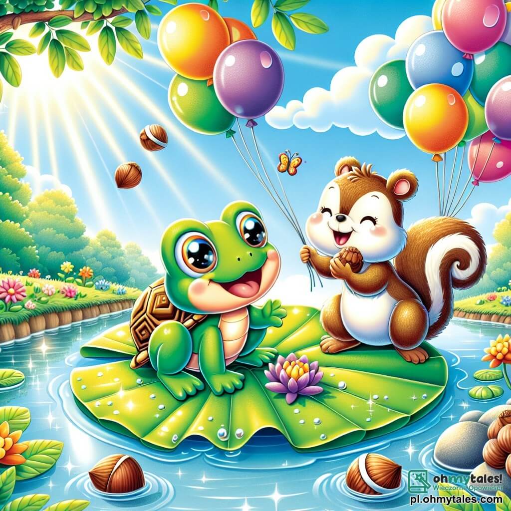 Une illustration sous forme de dessin destinée aux enfants représentant un magnifique stang aux eaux scintillantes, entouré de grandes feuilles de nénuphar, où une petite grenouille verte aux yeux pétillants et au sourire joyeux saute sur un grand nénuphar, tandis qu'un gentil tortue à la carapace rayée souffle des ballons colorés et une vive écureuil aux poils soyeux prépare des biscuits aux noisettes, le tout dans une atmosphère festive et enjouée, avec des ballons flottant dans le ciel bleu et des rayons de soleil illuminant la scène.