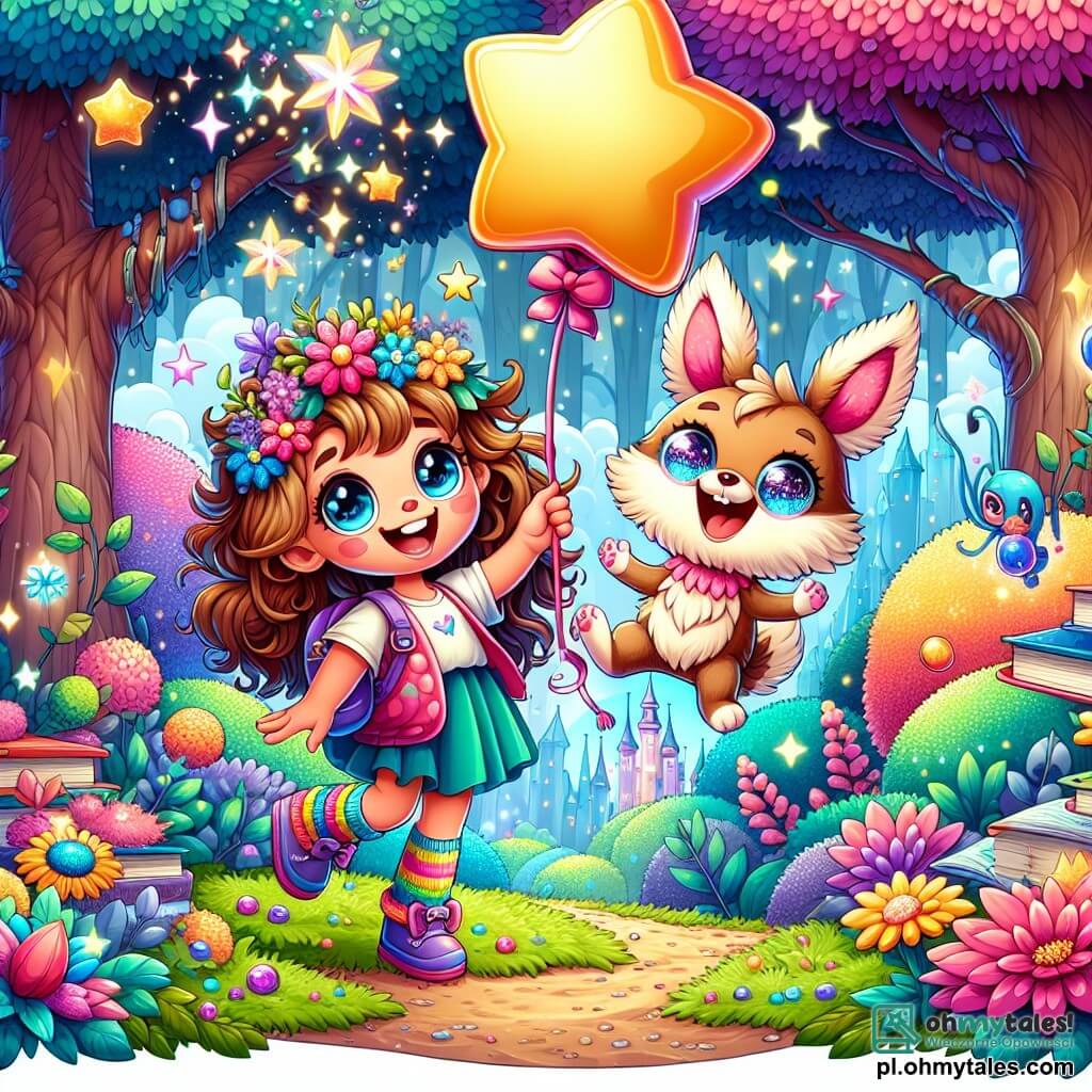 Une illustration sous forme de dessin destinée aux enfants représentant un parc enchanté, rempli de fleurs colorées et d'arbres majestueux, où une petite fille de 5 ans aux longs cheveux bouclés et aux chaussettes multicolores, avec un grand sourire, tient un balon en forme d'étoile, tandis qu'à ses côtés, un petit stworek ressemblant à un mélange de chien et de lapin, aux oreilles longues et aux yeux pétillants, danse joyeusement, alors qu'ils s'apprêtent à partir à l'aventure pour sauver le parc d'une sorcière maléfique, avec des éléments magiques flottants autour d'eux, comme des livres volants et des pierres scintillantes.