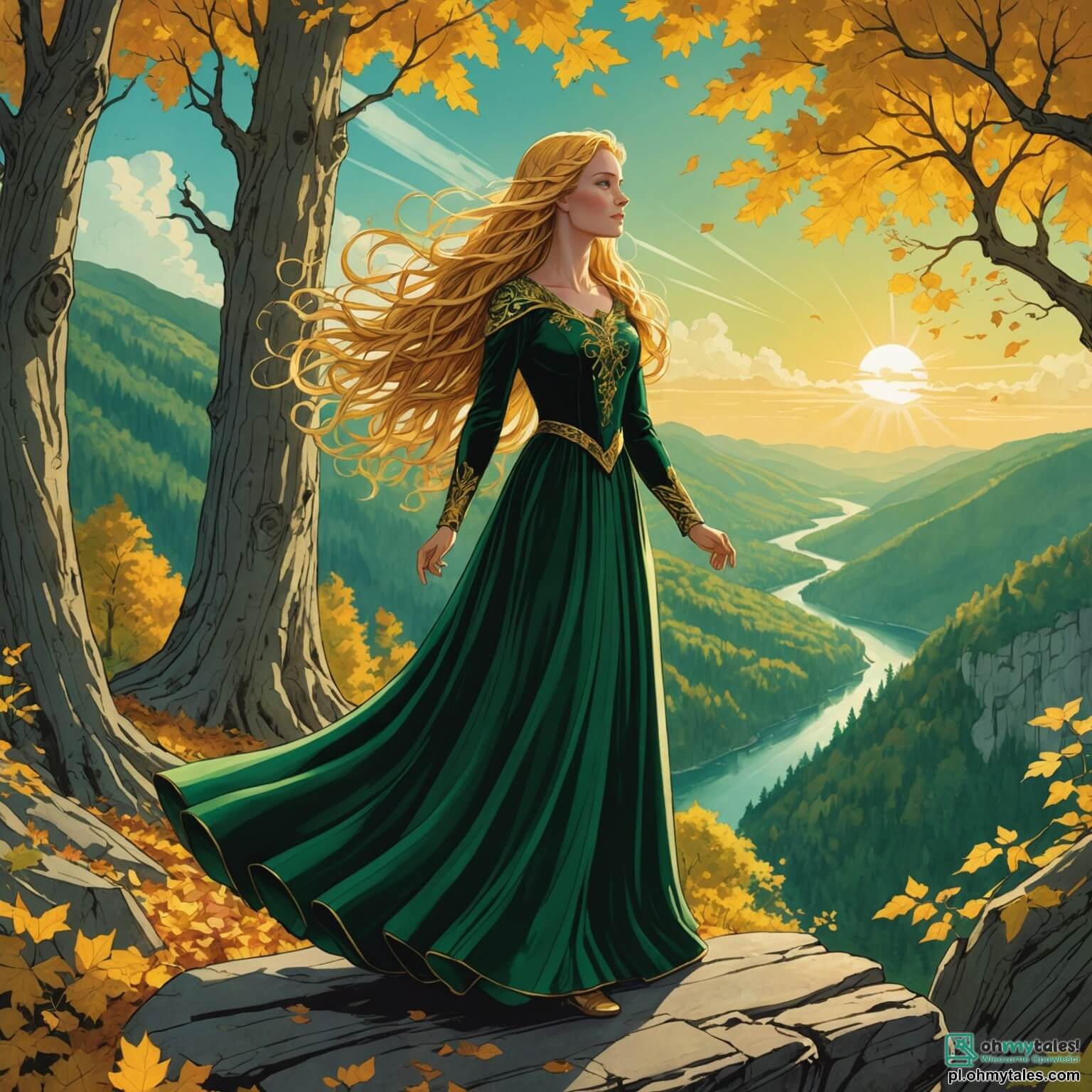 Une illustration destinée aux enfants représentant une jeune femme aux longs cheveux dorés scintillant comme des rayons de soleil, vêtue d'une robe en velours vert émeraude ornée de feuilles d'or, se tenant courageusement au bord d'une falaise surplombant une vaste forêt enchantée, où des arbres majestueux aux troncs noueux s'élèvent vers le ciel, leurs feuilles vibrant de mille couleurs sous la lumière d'un soleil couchant, tandis qu'à ses côtés, un dragon aux écailles iridescentes, symbole de sagesse et de force, veille sur elle avec des yeux brillants de compassion, et qu'en arrière-plan, une silhouette mystérieuse d'un sorcier à la cape sombre, homme aux traits marqués par le temps, se profile dans l'ombre des broussailles, prêt à défier la jeune héroïne dans sa quête pour libérer un ancien pouvoir caché au cœur de la forêt.