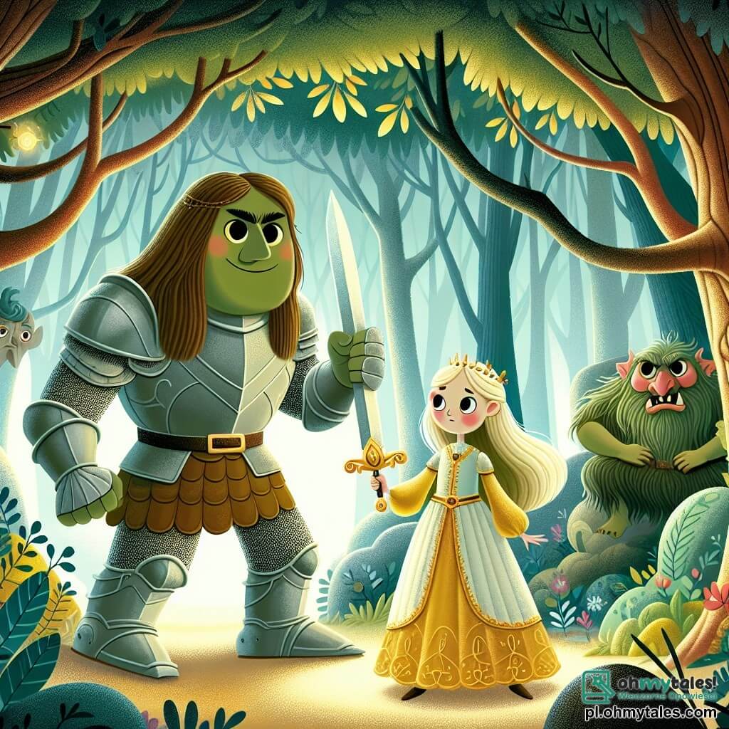 Une illustration sous forme de dessin destinée aux enfants représentant une clairière enchantée au cœur d'une forêt mystérieuse, où une courageuse chevaleresse aux longs cheveux blonds, portant une armure scintillante et brandissant un épée magique, se tient fièrement face à un grand troll aux yeux ronds et à la peau verte, qui bloque le chemin avec un air défiant, tandis qu'en arrière-plan, la silhouette d'une princesse aux robes dorées est visible, attendant d'être sauvée, le tout baigné dans une lumière douce et féerique, évoquant l'esprit d'aventure et de bravoure.