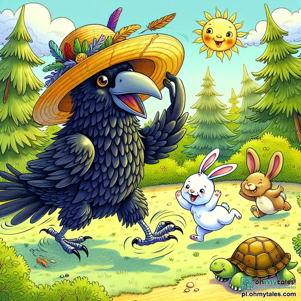 Une illustration sous forme de dessin destinée aux enfants représentant une clairière ensoleillée au cœur d'une forêt verdoyante, où un corbeau noir aux plumes brillantes, avec des yeux pétillants de malice, essaie de porter un grand chapeau rigolo sur sa tête tout en flottant dans les airs, tandis qu'un joyeux lapin aux grandes oreilles blanches saute autour de lui et une sage tortue au sourire doux les observe, tous riant ensemble d'une situation cocasse où le corbeau peine à garder son équilibre avec le chapeau trop grand, créant une ambiance amusante et chaleureuse.