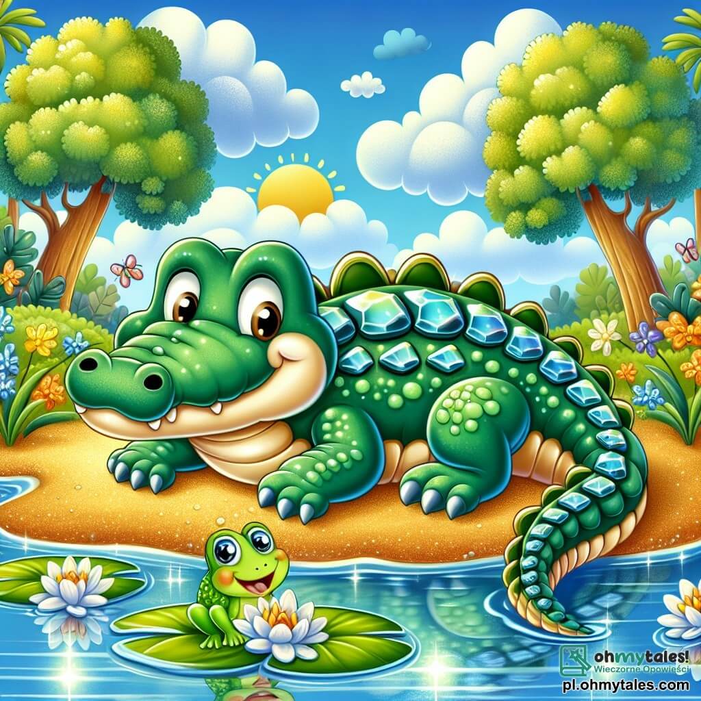 Une illustration destinée aux enfants représentant un crocodile espiègle, aux écailles brillantes comme des émeraudes, allongé sur un banc de sable doré au bord d'une rivière scintillante, où il rêve d'aventures palpitantes en compagnie de ses amis, une joyeuse petite grenouille verte, qui saute de joie sur les nénuphars en fleurs, sous un ciel bleu azur parsemé de nuages cotonneux et entouré de grands arbres aux feuilles chatoyantes.