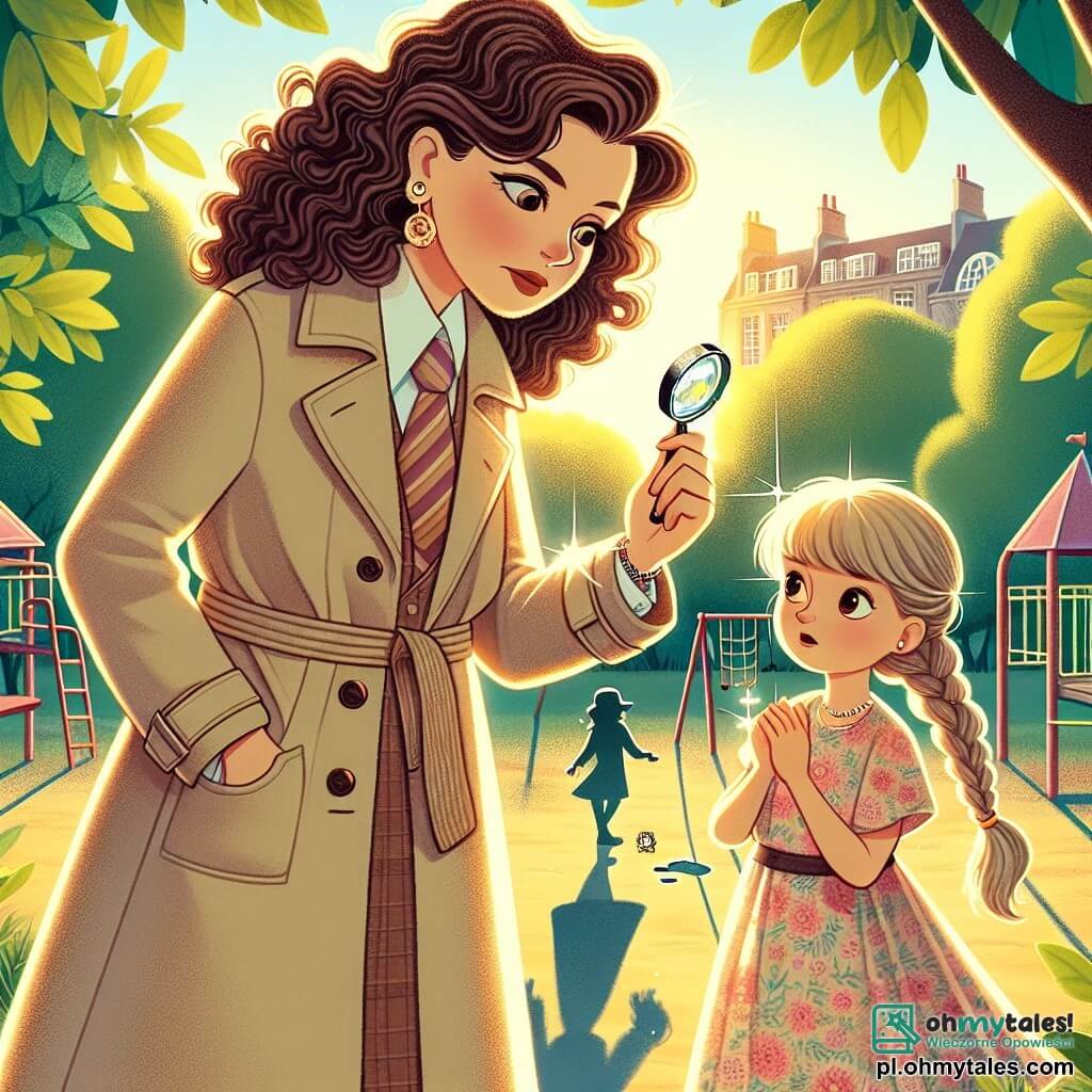 Une illustration sous forme de dessin destinée aux enfants représentant un parc ensoleillé avec des arbres verdoyants et une aire de jeux colorée, où une femme détective aux cheveux bruns et bouclés, portant un trench-coat beige et tenant une loupe, examine attentivement un petit objet scintillant sur le sol, tandis qu'une jeune fille aux cheveux blonds et tressés, vêtue d'une robe à fleurs, l'observe avec curiosité, tous deux plongés dans une enquête pour retrouver une amie disparue, entourées de dessins d'indices mystérieux et de silhouettes d'enfants jouant en arrière-plan.