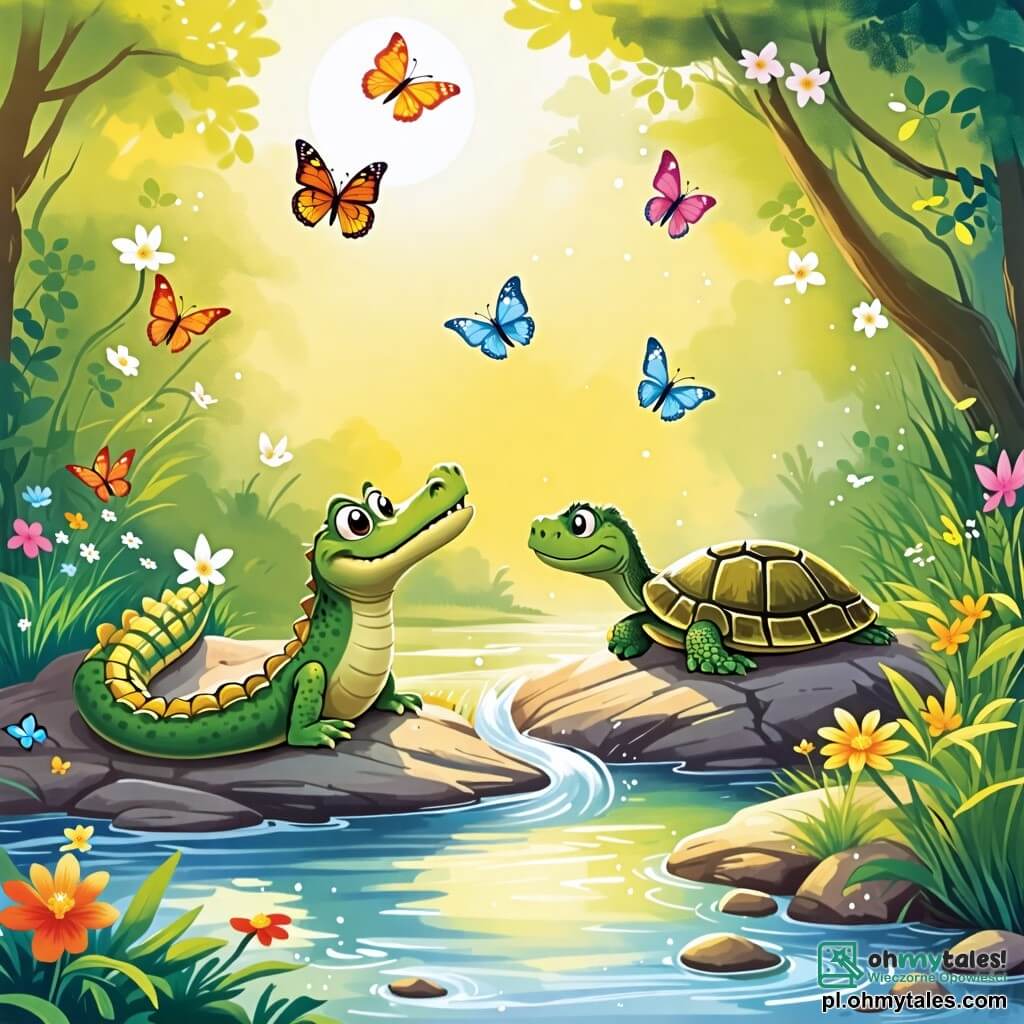 Une illustration sous forme de dessin destinée aux enfants représentant une paisible scène au bord d'une rivière ensoleillée, où un petit crocodile vert aux écailles brillantes, avec de grands yeux curieux, observe émerveillé des papillons colorés virevoltant autour de lui, tandis qu'à ses côtés, un sage tortue à la carapace rayée se prélasse sur une pierre, les deux amis partageant un moment de découverte et d'émerveillement face à la beauté de la nature, symbolisant l'esprit d'aventure et l'importance de l'amitié.