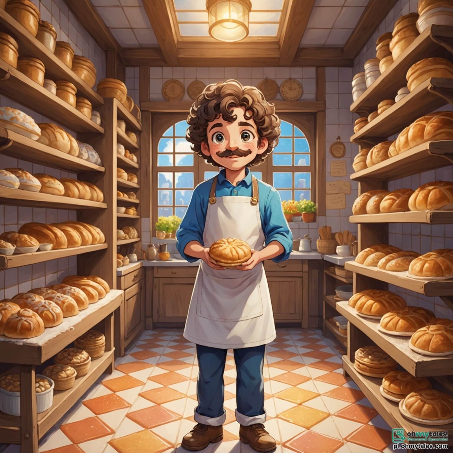 Une illustration destinée aux enfants représentant un boulanger jovial, un homme à la moustache enroulée et au tablier farci de farine, se tenant au milieu de sa boulangerie chaleureuse, où les murs sont ornés de tuiles colorées et les étagères débordent de pains dorés et de pâtisseries sucrées, tandis qu'une petite fille aux yeux pétillants et aux cheveux bouclés, émerveillée par la magie de la cuisson, l'observe avec fascination, et un garçon espiègle à côté d'elle, les mains pleines de pâte, s'apprête à l'aider à façonner des petits pains, le tout baigné dans la lumière dorée du matin qui filtre à travers les grandes fenêtres embuées de chaleur et de bonheur.