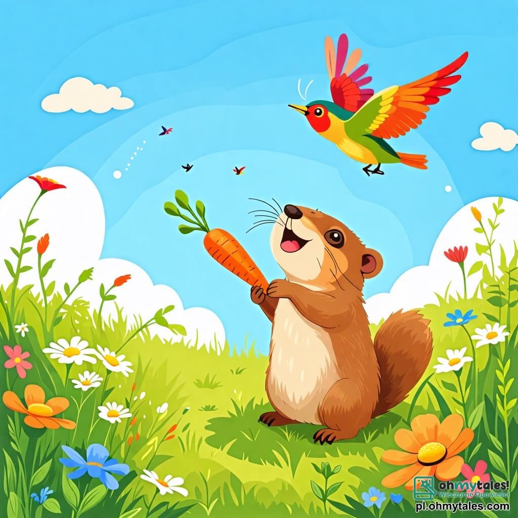 Une illustration sous forme de dessin destinée aux enfants représentant une prairie verdoyante baignée par le soleil, où une marmotte au pelage brun et aux yeux pétillants, se tient joyeusement sur ses pattes arrière, tenant une grande carotte orange dans ses petites pattes, tandis qu'un oiseau coloré aux plumes vives vole au-dessus d'elle, chantant gaiement, le tout capturant l'instant où ils célèbrent leur victoire après une course amusante pour trouver de la nourriture ensemble, entourés de fleurs sauvages et d'un ciel bleu parsemé de nuages moelleux.