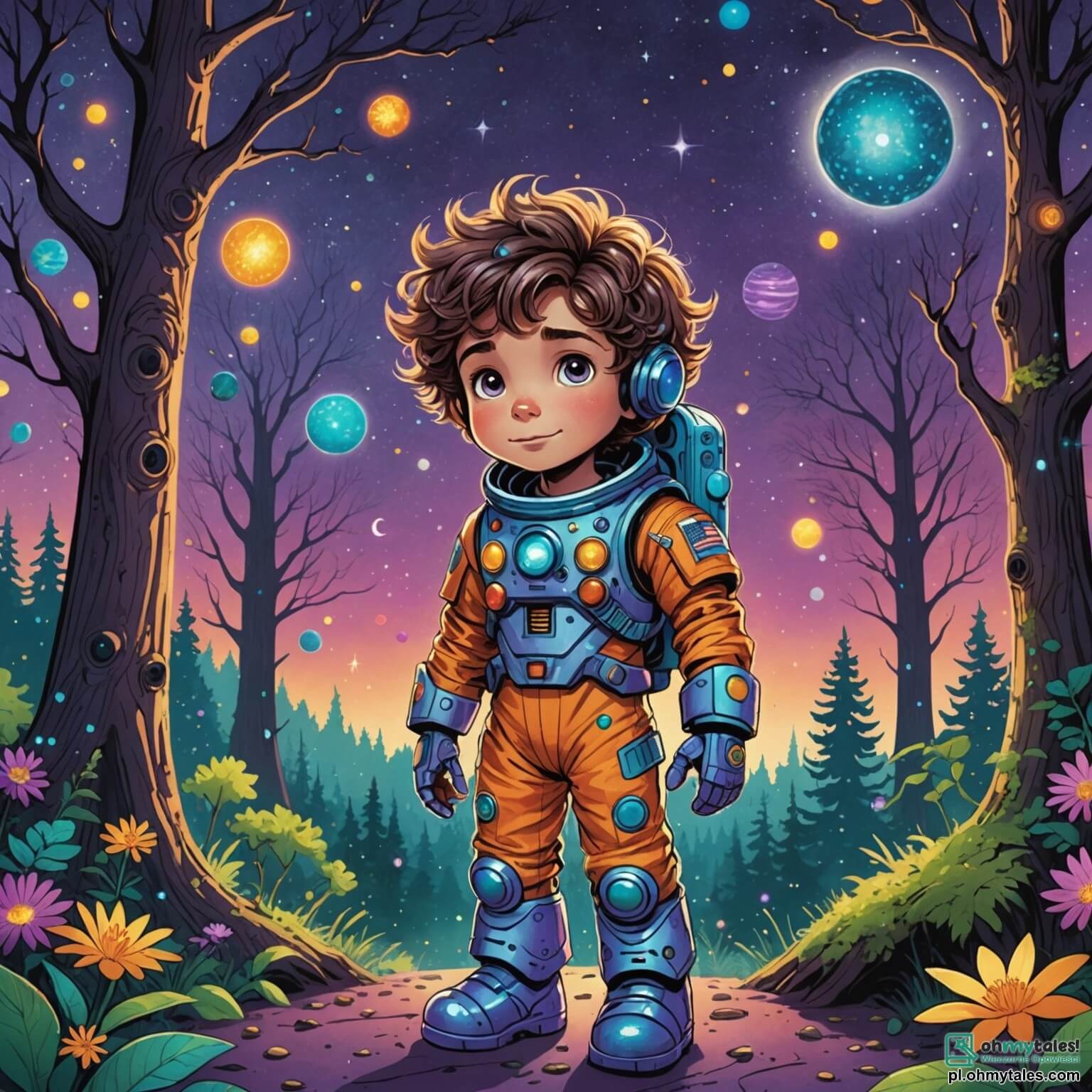 Une illustration destinée aux enfants représentant un garçon aux cheveux ébouriffés et aux yeux pétillants de curiosité, vêtu d'une combinaison spatiale colorée ornée de motifs d'étoiles scintillantes, se tenant au milieu d'une forêt enchantée où les arbres géants aux troncs torsadés s'élèvent vers un ciel violet parsemé de planètes brillantes, tandis qu'un robot canard aux reflets métalliques et aux yeux lumineux, à la personnalité espiègle, l'accompagne dans sa quête pour découvrir des fleurs magiques capables de réaliser des souhaits, tout en évitant un redoutable Zjadacz Kwiatów, une créature verte aux dents acérées, qui rôde dans les parages, prêt à dévorer tout ce qui ressemble à la beauté de la nature.