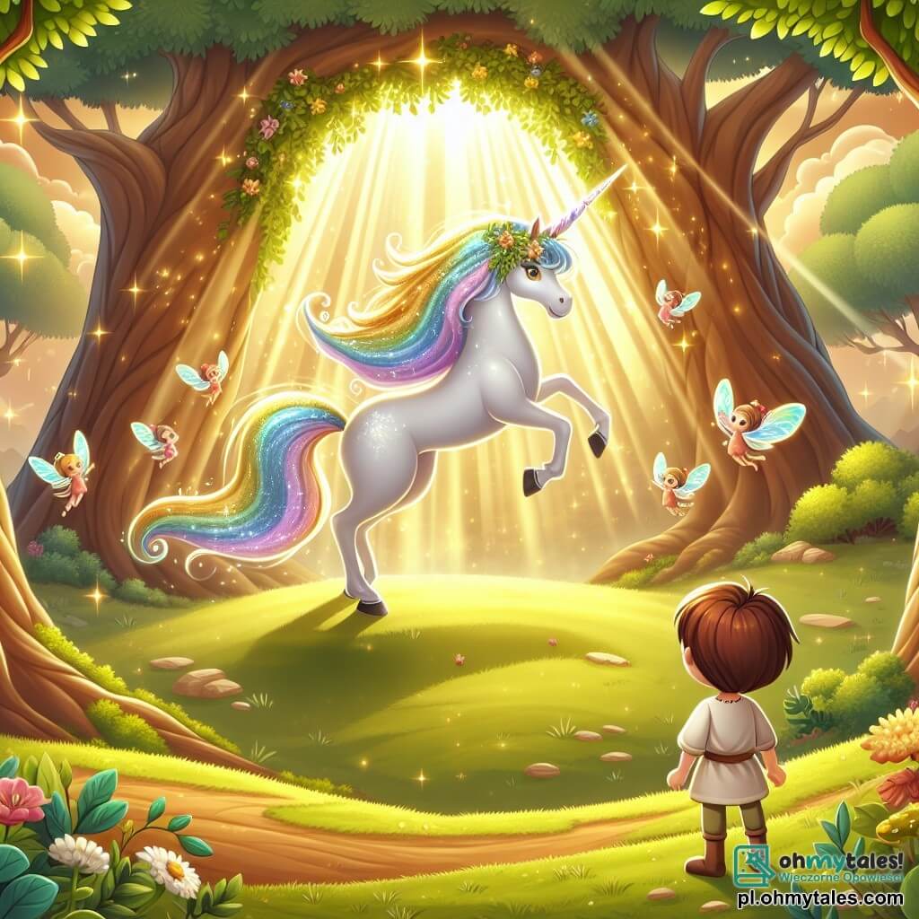 Une illustration sous forme de dessin destinée aux enfants représentant une clairière enchantée baignée de lumière dorée, où une majestueuse licorne femelle à la crinière irisée et au cor scintillant se tient fièrement, entourée de petites fées aux ailes colorées qui dansent joyeusement autour d'elle, tandis qu'un jeune garçon aux yeux pétillants et aux cheveux châtains, vêtu d'une tunique simple, observe avec émerveillement cette scène magique, illustrant le moment où la licorne révèle son pouvoir à ses nouveaux amis dans un monde rempli de merveilles.