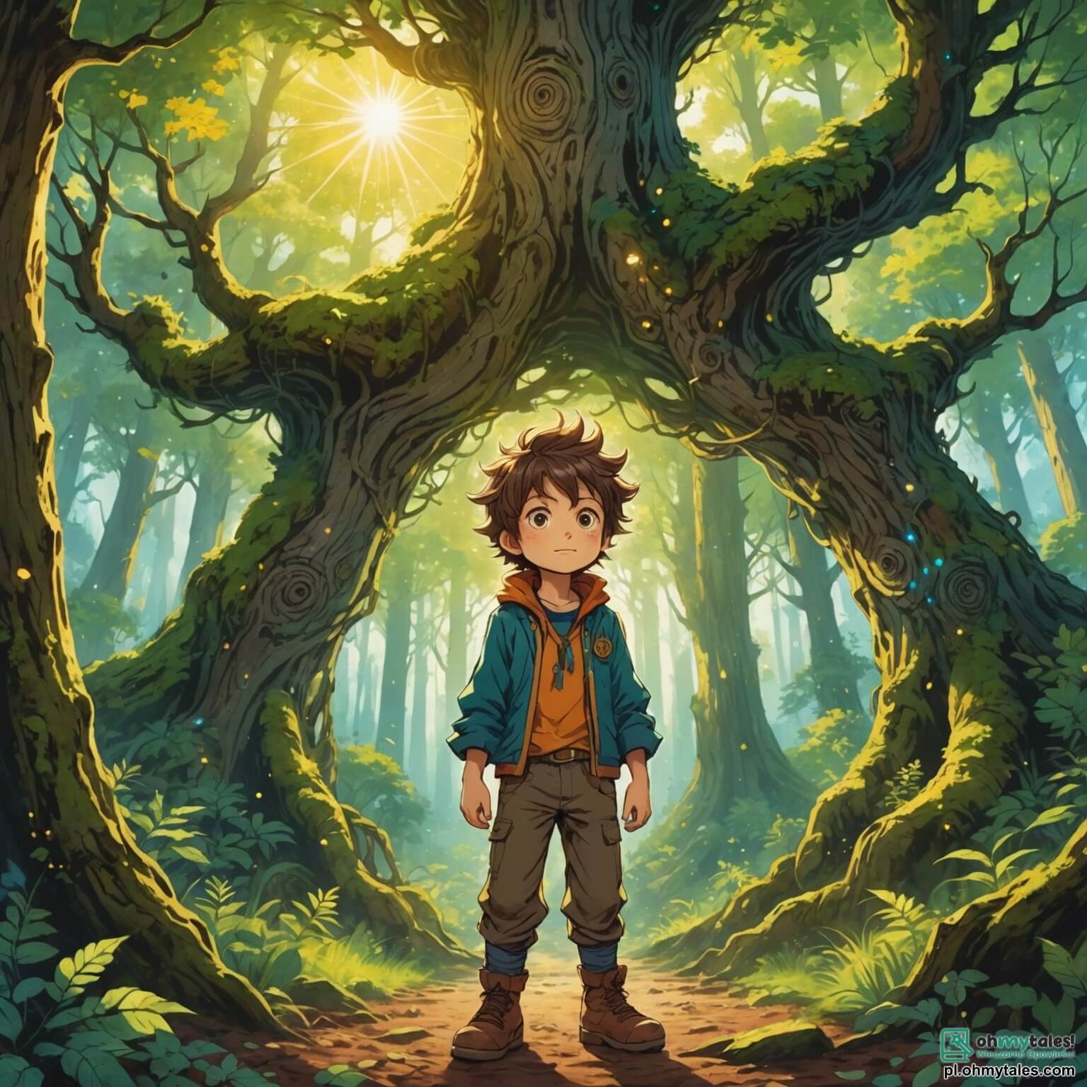 Une illustration destinée aux enfants représentant un petit garçon aux cheveux ébouriffés et aux yeux pétillants d'audace, vêtu de vêtements usés mais colorés, se tenant courageusement au bord d'une forêt enchantée, où les arbres majestueux aux troncs noueux se dressent comme des géants bienveillants, leurs feuilles scintillant sous les rayons dorés du soleil, tandis qu'il s'apprête à affronter des créatures fantastiques et à déjouer les plans d'un ogre maléfique, tout en étant accompagné de sa sœur intrépide, une petite fille aux boucles dorées et au sourire éclatant, qui l'encourage avec bravoure, alors qu'ensemble ils cherchent à retrouver leur chemin perdu dans ce royaume féerique empli de mystères et de merveilles.