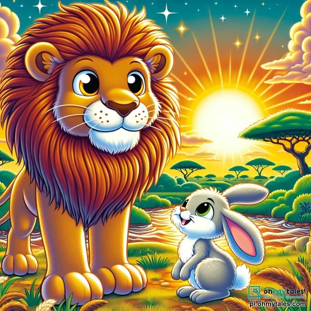 Une illustration sous forme de dessin destinée aux enfants représentant une vaste savane africaine baignée par la lumière dorée du soleil couchant, où un majestueux lion à la crinière flamboyante et aux yeux brillants d'intelligence se tient fièrement, entouré d'un petit lapin aux grandes oreilles et au pelage doux, qui regarde le lion avec admiration, alors qu'ils se préparent à traverser une rivière tumultueuse, symbolisant leur amitié et leur courage face aux défis de la jungle.