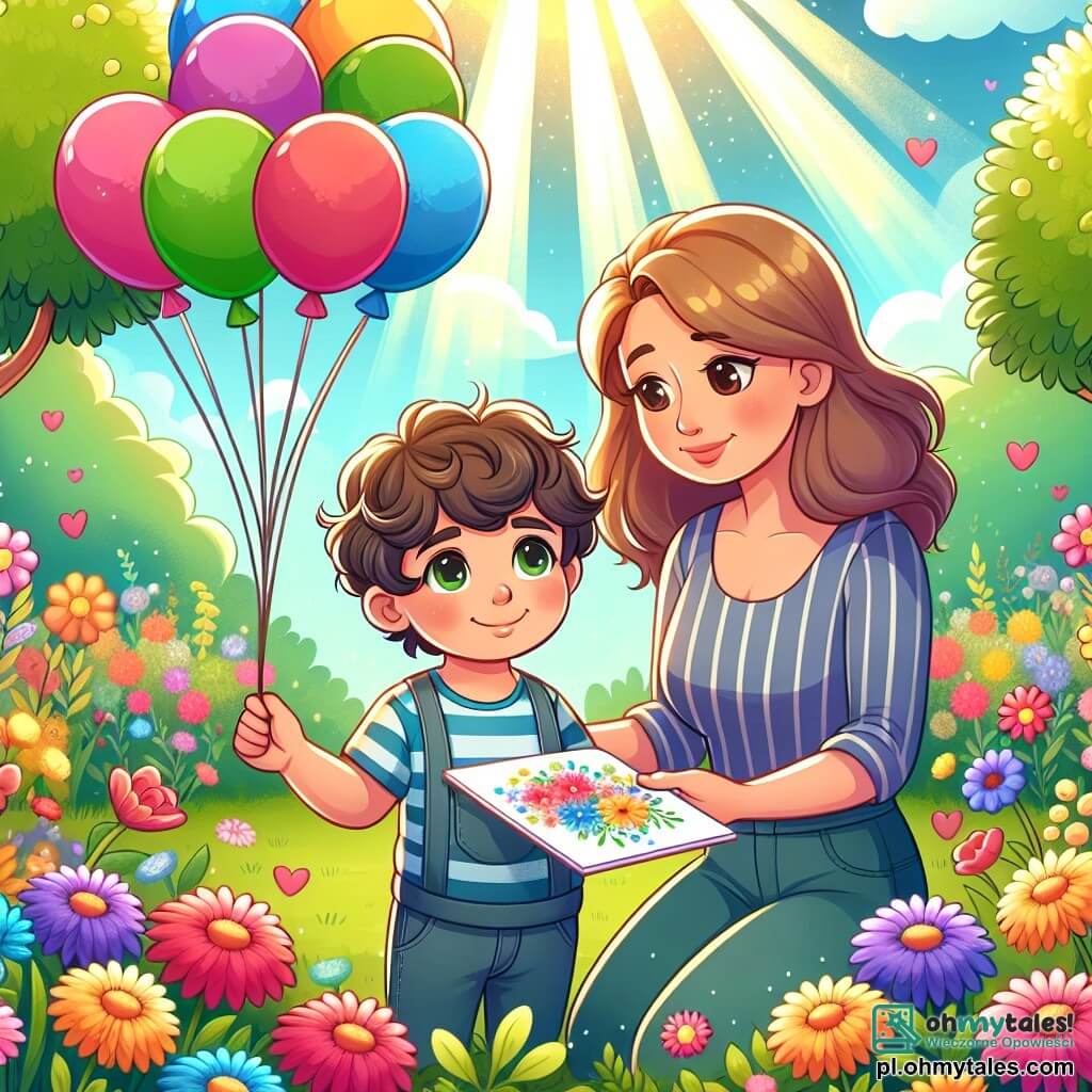Une illustration sous forme de dessin destinée aux enfants représentant un jardin ensoleillé, rempli de fleurs colorées et d'arbres verdoyants, où un garçon de 5 ans aux cheveux bouclés et au sourire doux tient un dessin dans ses petites mains, entouré de sa maman, une femme au regard tendre et aux cheveux bruns, qui l'observe avec fierté, tandis qu'ils se préparent à libérer des ballons colorés dans le ciel en mémoire de sa grand-mère bien-aimée, créant une atmosphère à la fois joyeuse et mélancolique, symbolisant l'amour et le souvenir.