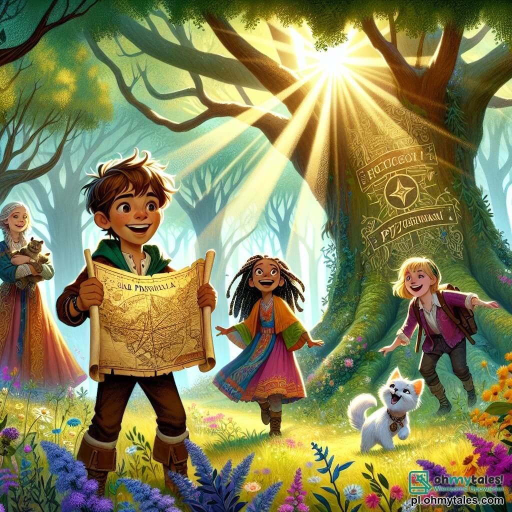 Ilustracja przedstawiająca słoneczną scenę w magicznym lesie, gdzie wysokie drzewa o grubych pniach wznoszą się ku niebu, a ich liście w intensywnym zielonym kolorze filtrują promienie słońca. W centrum obrazu stoi 11-letni chłopiec z rozczochranymi brązowymi włosami i promiennym uśmiechem, trzymający w rękach starą, pożółkłą mapę, wyglądający na podekscytowanego i zdeterminowanego. Obok niego jest 10-letnia dziewczynka z długimi, kręconymi włosami, ubrana w kolorową sukienkę, uważnie przyglądająca się mapie, podczas gdy inna dziewczynka, mająca 9 lat, z warkoczami i figlarnym wyrazem twarzy, śmieje się, trzymając małego białego kotka, który wygląda na ciekawskiego. W tle kwitnące krzewy i dzikie kwiaty dodają koloru scenie, podczas gdy promień światła oświetla mapę, eksponując tajemniczy tekst "Skarb Przyjaźni". Postacie otoczone są radosną i przygodową atmosferą, uchwycając ducha przyjaźni i odkrywania.