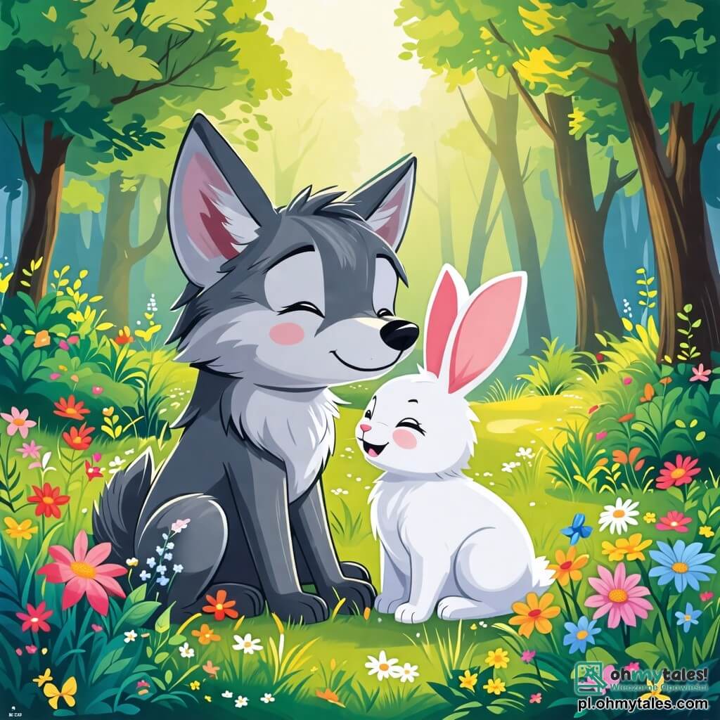 Une illustration sous forme de dessin destinée aux enfants représentant une clairière ensoleillée dans une forêt verdoyante, où un grand loup au pelage gris et aux yeux doux s'assoit paisiblement à côté d'un petit lapin aux grandes oreilles et au pelage blanc, tandis qu'ils rient ensemble et partagent un moment de complicité, entourés de fleurs colorées et d'arbres majestueux, illustrant la beauté de leur nouvelle amitié.