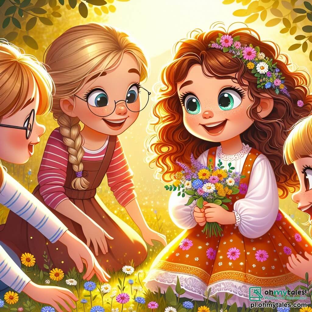 Une illustration sous forme de dessin destinée aux enfants représentant une charmante łąka printanière, baignée de lumière dorée, où une fille de 9 ans aux cheveux châtains bouclés et aux yeux pétillants, vêtue d'une robe colorée, s'agenouille pour admirer un petit bouquet de fleurs sauvages, tandis que deux de ses amies, une fille aux cheveux blonds tressés et une autre avec des cheveux bruns et des lunettes, rient en ramassant des fleurs autour d'elle, capturant l'esprit joyeux et insouciant d'une journée de printemps remplie d'amitié et de découvertes.