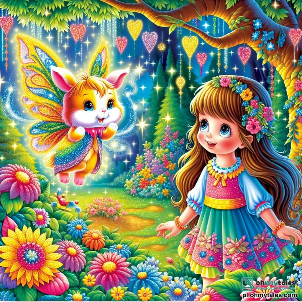 Une illustration sous forme de dessin destinée aux enfants représentant un jardin magique aux couleurs éclatantes, rempli de fleurs scintillantes et de grands arbres aux feuilles en forme de cœur, où une fille de 10 ans, avec de longs cheveux bruns et des yeux pétillants, porte une robe colorée et regarde avec émerveillement un petit stworek ressemblant à un mélange de lapin et de fée, aux ailes multicolores, qui s'apprête à l'entraîner dans une aventure pour trouver un mystérieux Złoty Kwiat, tout en évitant les dangers d'un jardin enchanté.