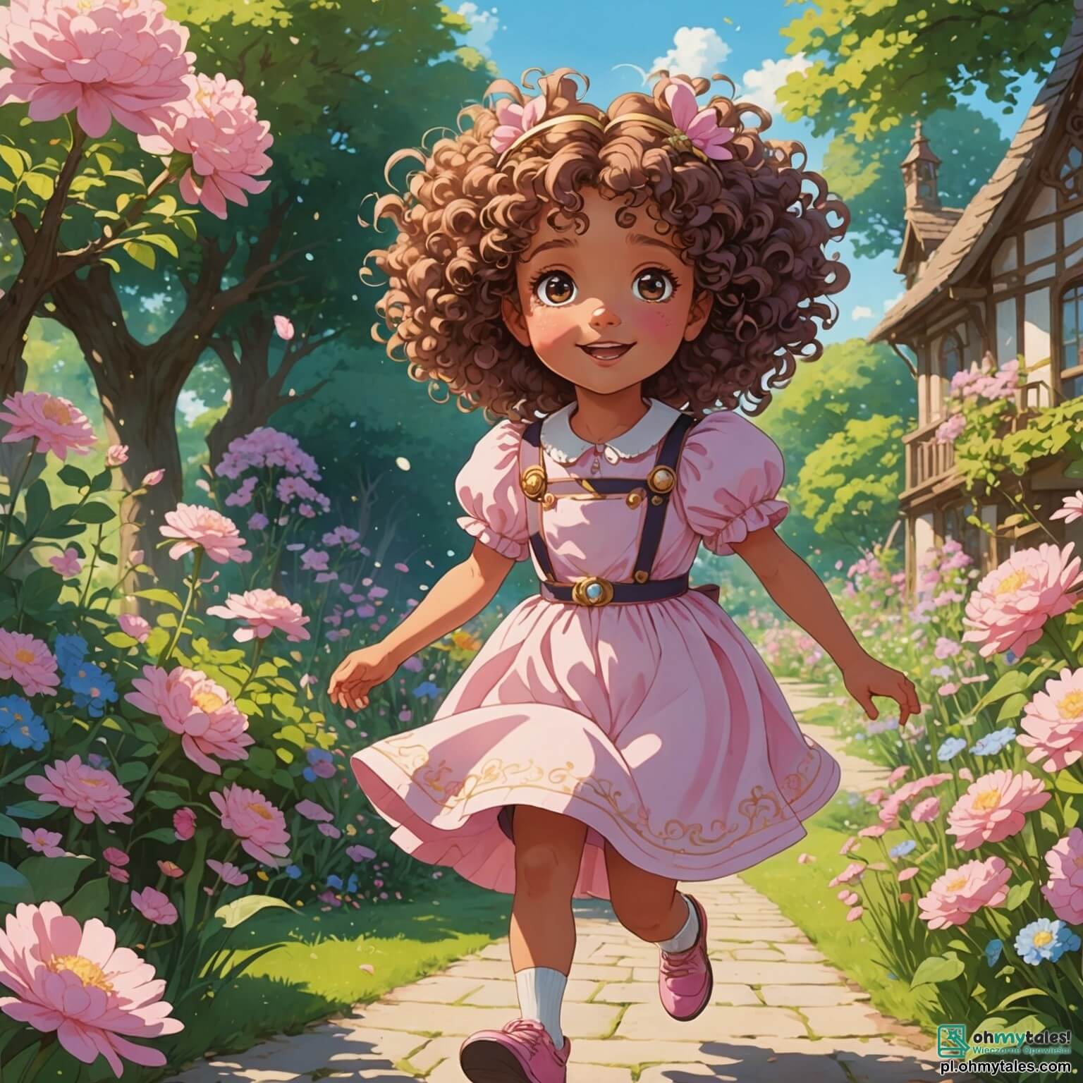 Une illustration destinée aux enfants représentant une petite fille aux cheveux bouclés et à la tête ornée d'une opulente opaline rose, courant avec des yeux pétillants de curiosité dans un jardin ensoleillé, où les fleurs multicolores dansent sous la brise légère, tandis qu'un papa bienveillant, avec un sourire chaleureux et des bras protecteurs, lui montre une mystérieuse machine à voyager dans le temps, scintillante comme un trésor perdu, qui les transporte ensemble dans un monde préhistorique peuplé de dinozaurus majestueux, où un grand dinosaure vert, au regard doux et amical, les guide à travers une forêt luxuriante, remplie de fougères géantes et de bruits étranges, à la recherche d'un cristal magique pour les ramener chez eux.