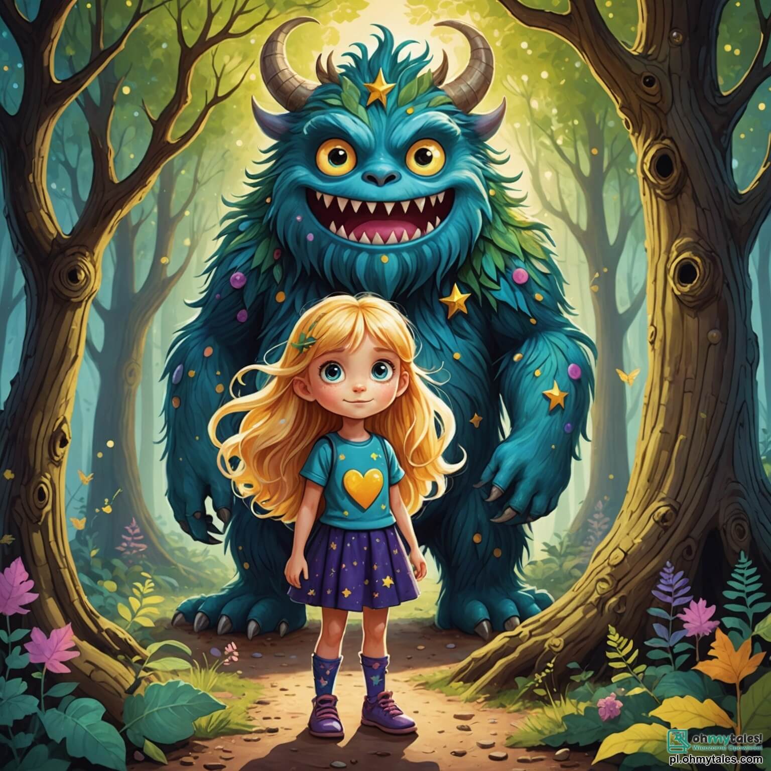 Une illustration destinée aux enfants représentant un monstre aux yeux ronds et brillants comme des étoiles, avec un pelage doux et coloré évoquant une palette de bonbons, se tenant au milieu d'une forêt enchantée où les arbres aux troncs noueux s'élèvent majestueusement, leurs feuilles en forme de cœurs scintillant sous les rayons du soleil, tandis qu'une petite fille aux cheveux dorés et aux yeux pétillants de curiosité, vêtue d'une robe légère ornée de fleurs, se tient à ses côtés, prête à l'aider à retrouver son chemin vers la maison après s'être égaré dans ce monde magique, peuplé de créatures fantastiques et de fleurs luminescentes qui dansent au rythme du vent.