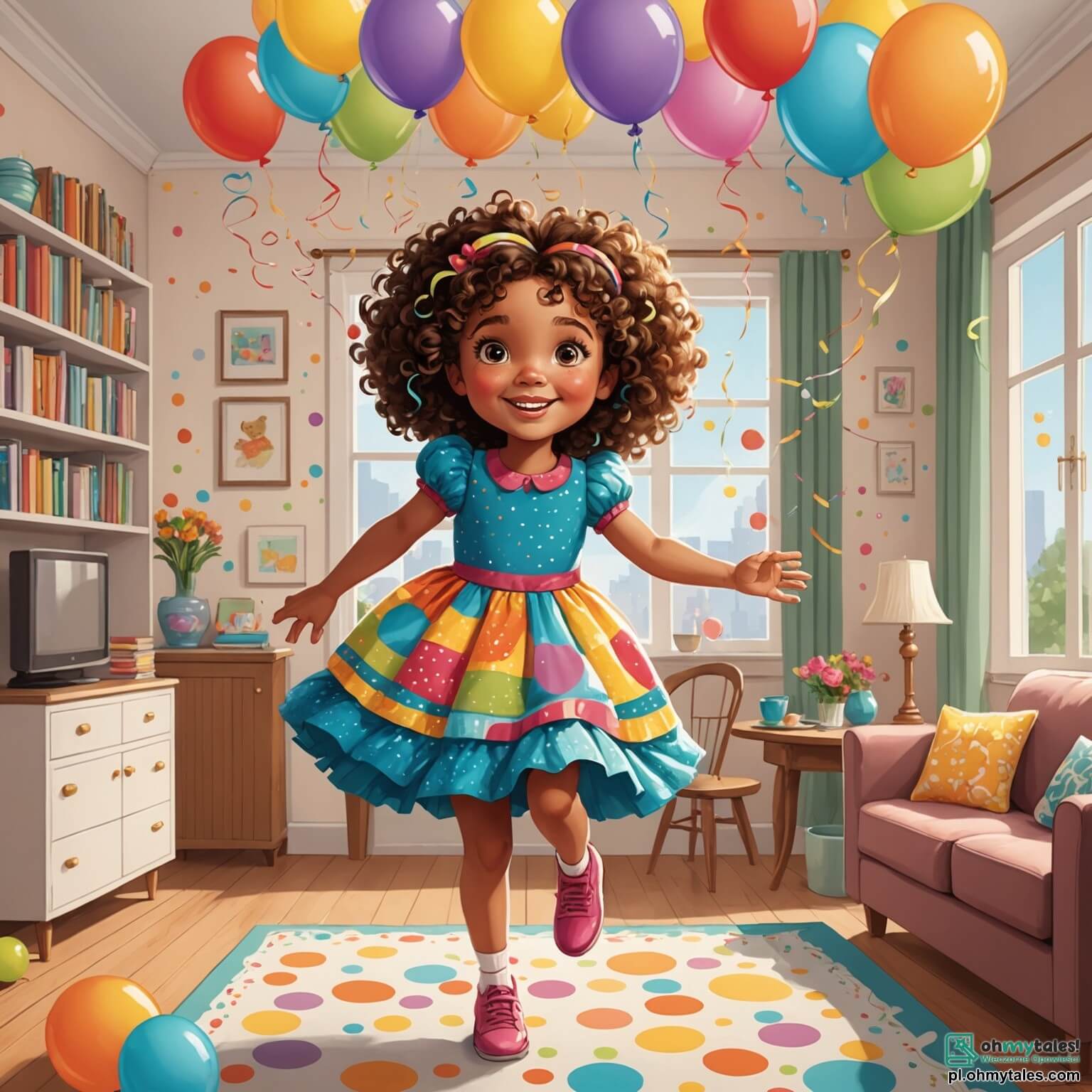 Une illustration destinée aux enfants représentant une petite fille pétillante aux cheveux bouclés et aux yeux brillants, vêtue d'une robe colorée ornée de motifs joyeux, sautillant avec enthousiasme dans un salon chaleureux décoré de guirlandes scintillantes et de ballons multicolores, où l'odeur sucrée des biscuits fraîchement cuits flotte dans l'air, tandis qu'elle s'active avec sa maman, une femme douce et souriante, à préparer un bal festif pour célébrer le Nouvel An, entourée de membres de sa famille, comme son oncle jovial et sa tante pleine d'énergie, tous réunis dans une ambiance de joie et d'excitation, prêts à accueillir la nouvelle année sous un ciel étoilé.