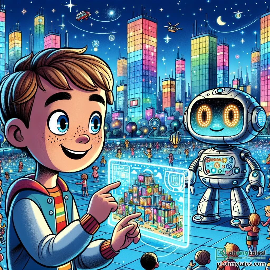 Une illustration sous forme de dessin destinée aux enfants représentant une scène vibrante de Luminopolis, une ville futuriste aux bâtiments en verre coloré et aux lumières scintillantes, avec un garçon de 9 ans aux cheveux courts et bouclés, souriant et concentré, assis devant un écran holographique en train de concevoir un projet de « maison chcloud », tandis qu'un robot amical à forme humanoïde, avec des yeux lumineux et une surface métallique brillante, l'encourage avec enthousiasme, le tout entouré d'enfants curieux admirant leur travail, le ciel bleu et dégagé parsemé de véhicules flottants au-dessus d'eux.