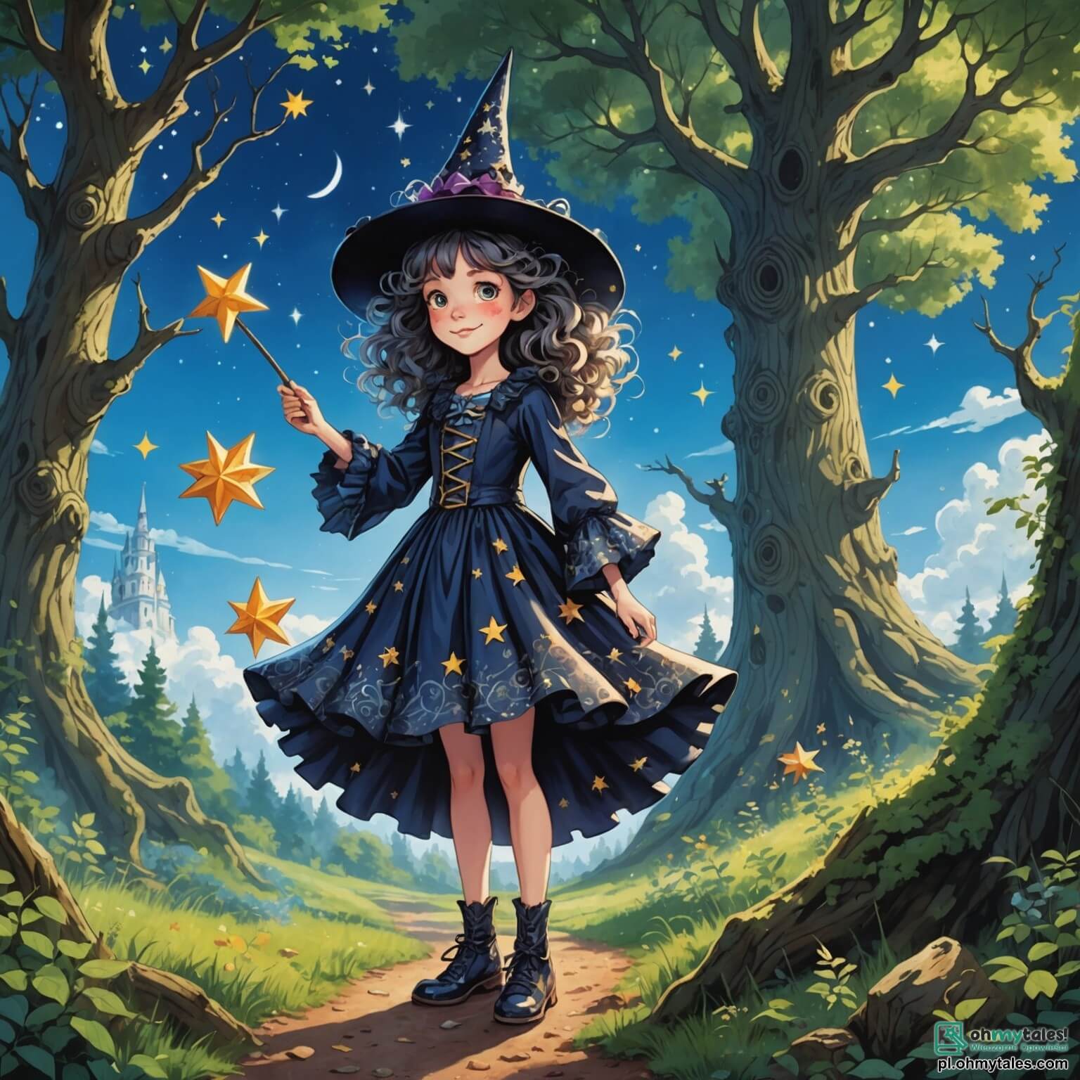Une illustration destinée aux enfants représentant une sorcière espiègle aux cheveux bouclés et désordonnés, vêtue d'une robe chatoyante ornée de motifs étoilés, se tenant dans une clairière enchantée au cœur d'une forêt magique où les arbres géants aux troncs noueux s'élèvent vers un ciel azur parsemé de nuages cotonneux, tandis qu'elle s'apprête à réaliser un sort hilarant pour transformer ses vieux souliers en canards en caoutchouc, entourée de son fidèle chat noir à la tache blanche sur le nez, un garçon au sourire malicieux qui l'accompagne dans ses aventures, et un chien au pelage tacheté qui rêve de voler, tous trois prêts à vivre des péripéties ensorcelantes et amusantes.
