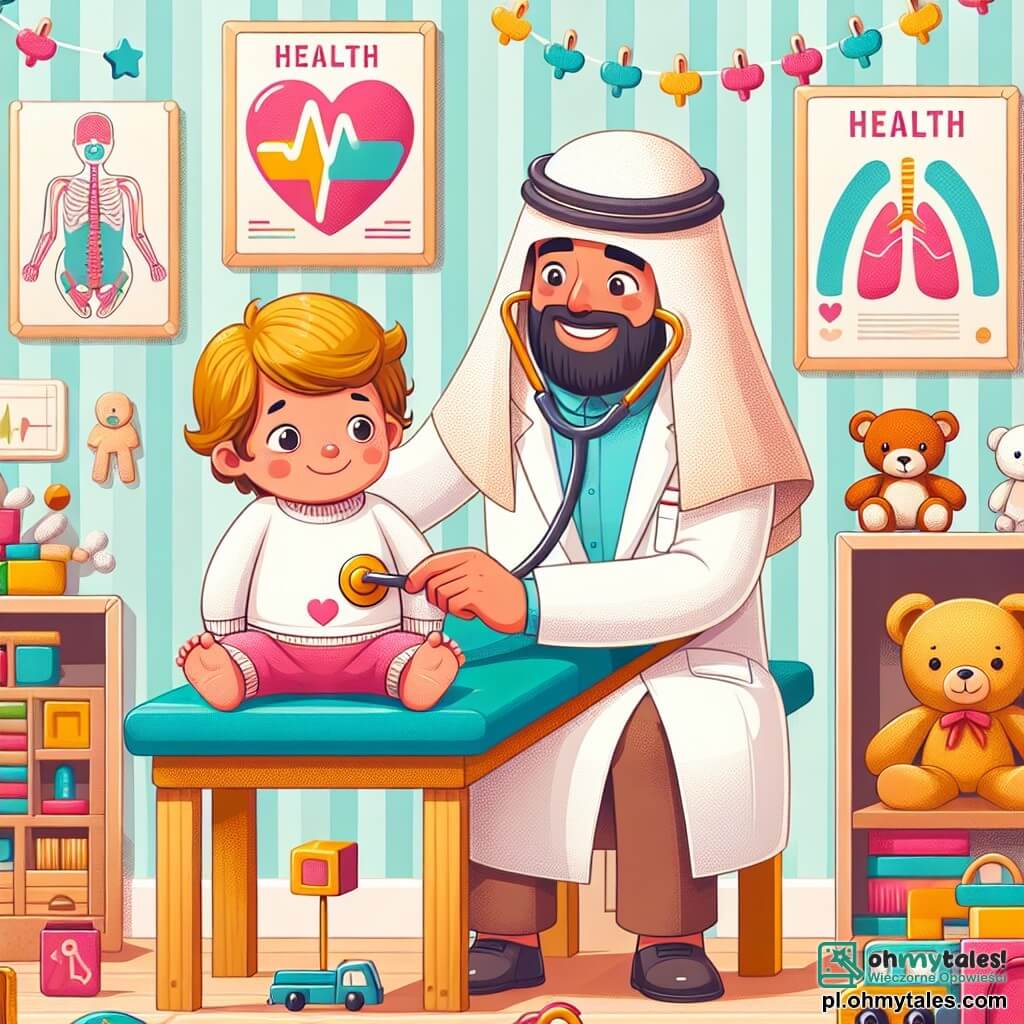 Une illustration sous forme de dessin destinée aux enfants représentant un cabinet médical coloré avec des jouets en bois et des affiches de santé aux murs, où un homme au sourire chaleureux, portant une blouse blanche et un stéthoscope autour du cou, écoute le cœur d'un petit garçon aux cheveux blonds, assis sur une table d'examen, qui fait semblant d'avoir mal au ventre, tandis qu'un ours en peluche attend patiemment à côté, créant une atmosphère amicale et rassurante.