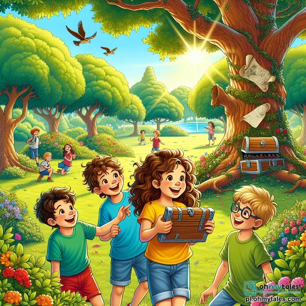 Ilustracja przedstawiająca słoneczny park, wypełniony majestatycznymi drzewami o jaskrawozielonych liściach, kolorowymi kwiatami i dużą, zieloną trawą, na której bawią się i śmieją dzieci. W centrum sceny znajduje się 11-letnia dziewczynka z kręconymi brązowymi włosami, ubrana w jaskrałożółtą koszulkę i dżinsowe szorty, która radośnie uśmiecha się, trzymając w rękach mapę skarbów. Obok niej są dwóch chłopców w wieku około 11 lat: jeden z brązowymi, rozczochranymi włosami, ubrany w niebieską koszulkę i czerwone szorty, który z ciekawością przygląda się mapie, a drugi z krótkimi blond włosami, noszący zieloną koszulkę i okulary, który wskazuje na pobliską, starą, majestatyczną dąb. Główna sytuacja ukazuje dzieci w trakcie eksploracji, otoczone śmiechem i ekscytacją, odkrywające starą drewnianą skrzynkę ukrytą pod liśćmi, symbolizującą ich poszukiwanie przygód i przyjaźni. W tle ptaki latają po niebieskim niebie, a mały, ciekawski wiewiór obserwuje je z gałęzi, dodając magii tej radosnej scenie.