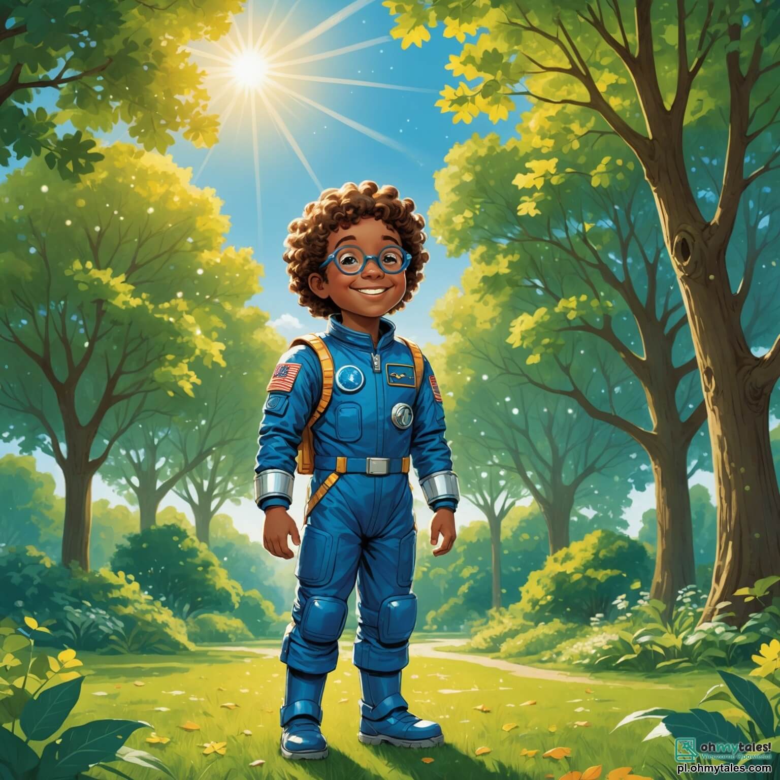 Une illustration destinée aux enfants représentant un homme au sourire éclatant, vêtu d'un élégant et scintillant uniforme d'astronaute bleu, se tenant fièrement au milieu d'un parc verdoyant, où les rayons dorés du soleil filtrent à travers les feuilles des arbres majestueux, tandis qu'il partage avec une petite fille aux yeux pétillants et aux cheveux bouclés, ainsi qu'un garçon curieux aux lunettes rondes, son rêve de voyager dans l'immensité étoilée du cosmos, en leur racontant des histoires fascinantes sur les planètes lointaines et les merveilles de l'univers.