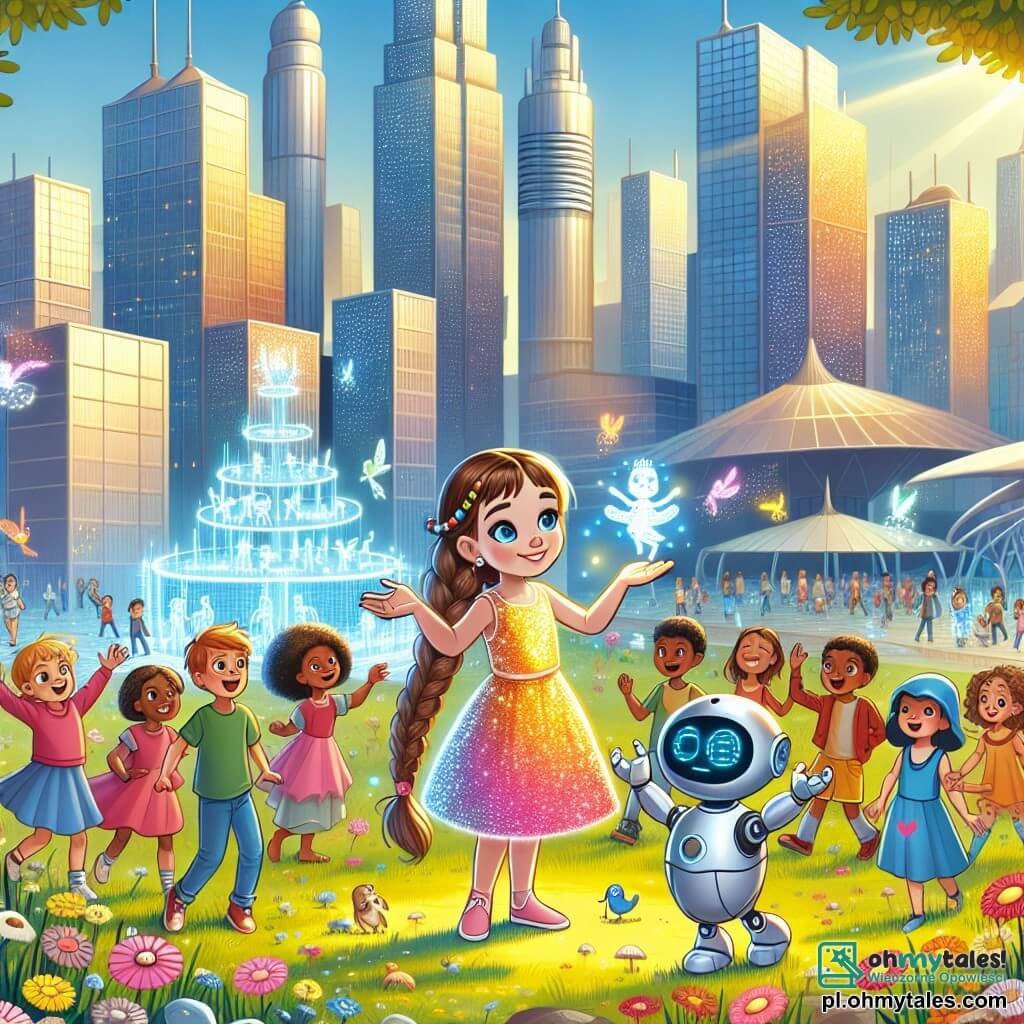 Une illustration sous forme de dessin destinée aux enfants représentant un parc futuriste dans la ville de Neonowa, avec des bâtiments hauts et colorés scintillant sous le soleil, où une fille de 7 ans aux longs cheveux bruns tressés, vêtue d'une robe lumineuse, s'amuse à collecter des échantillons d'air avec un petit robot amical, tandis que plusieurs enfants aux visages joyeux, de différentes origines, l'entourent, curieux et enthousiastes, observant les hologrammes d'animaux qui dansent autour d'eux, illustrant l'importance de la technologie et de l'écologie dans leur aventure.