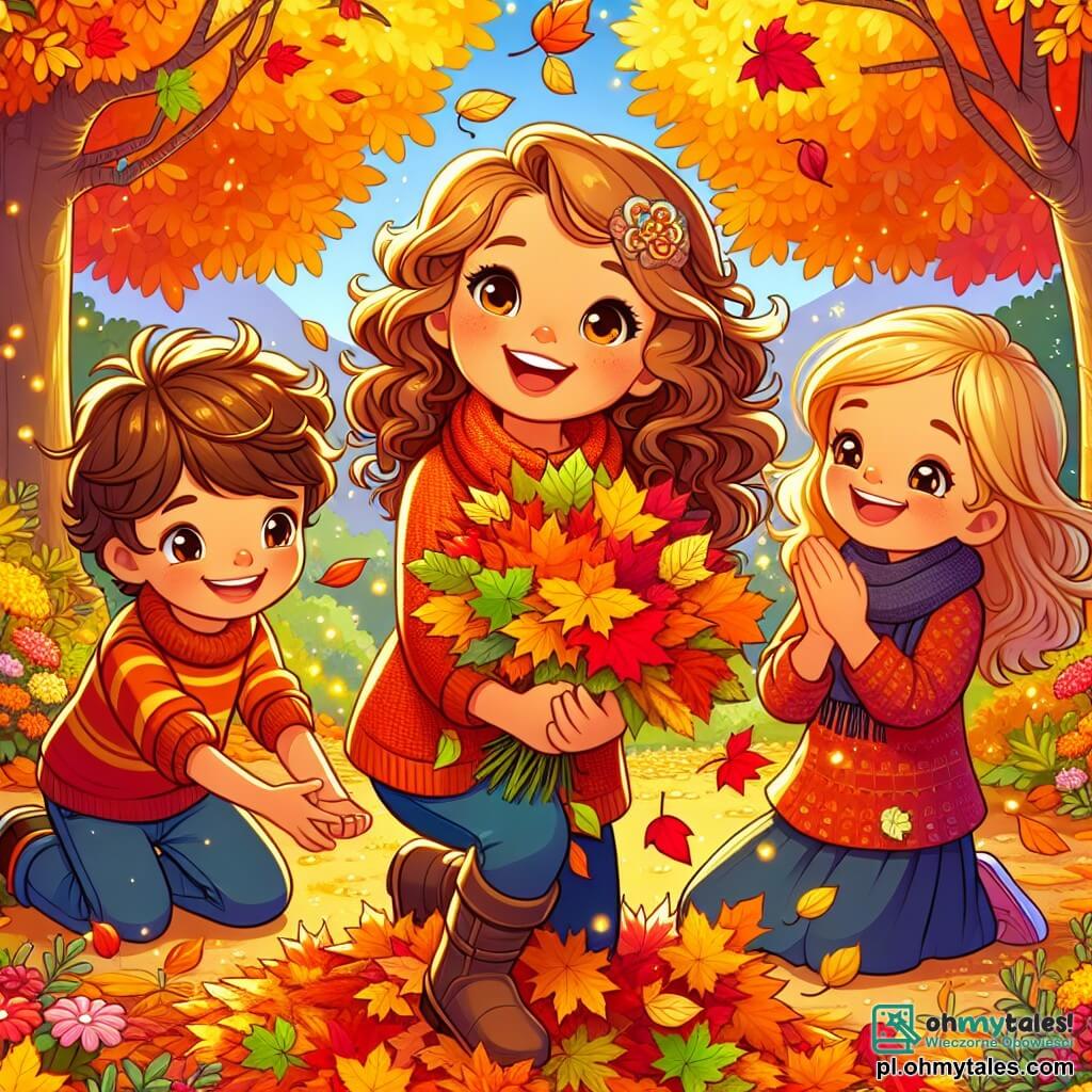 Une illustration sous forme de dessin destinée aux enfants représentant un jardin d'automne vibrant de couleurs chaudes, avec des feuilles dorées et rouges tombant des arbres, où une petite fille de 5 ans aux cheveux bouclés et au sourire éclatant, vêtue d'un pull orange, s'agenouille joyeusement pour ramasser des feuilles colorées, tandis qu'à ses côtés, deux amis, un garçon aux cheveux bruns et une fille aux cheveux blonds, l'aident en riant, créant ensemble un magnifique bouquet de feuilles, symbolisant l'amitié et la magie de l'automne.