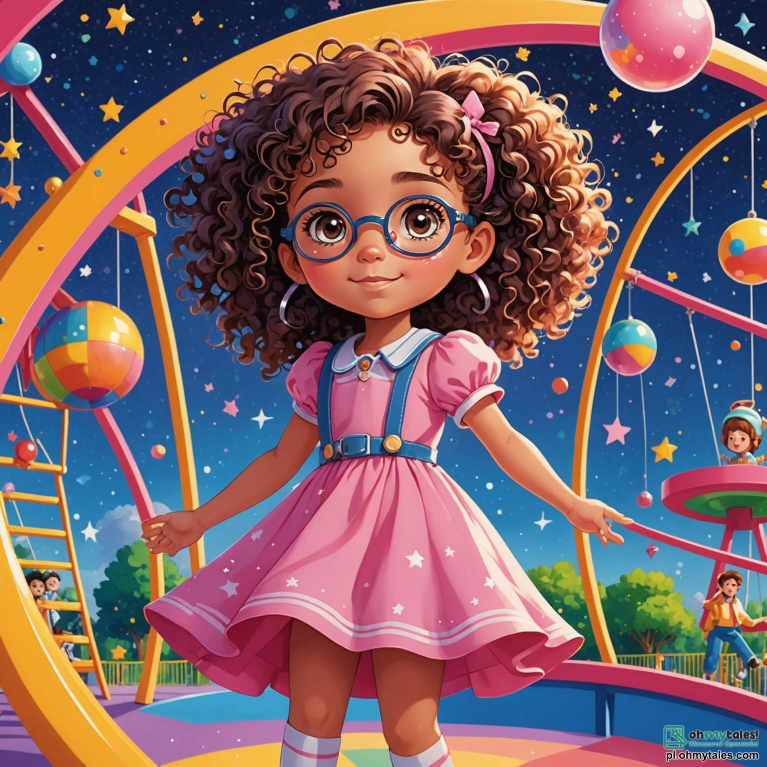 Une illustration destinée aux enfants représentant une petite fille aux cheveux bouclés et aux yeux pétillants, vêtue d'une robe rose ornée de étoiles scintillantes, se tenant fièrement au centre d'une cour de récréation colorée, entourée de balançoires vibrantes et de toboggans multicolores, tandis qu'elle partage avec enthousiasme ses rêves de devenir astronaute et médecin avec ses deux amis, un garçon aux lunettes et un sourire malicieux, ainsi qu'une fille aux tresses et à la robe à fleurs, tous trois unis dans une joyeuse danse d'amitié et d'égalité, prouvant que chacun, peu importe son genre, peut réaliser ses aspirations les plus folles.