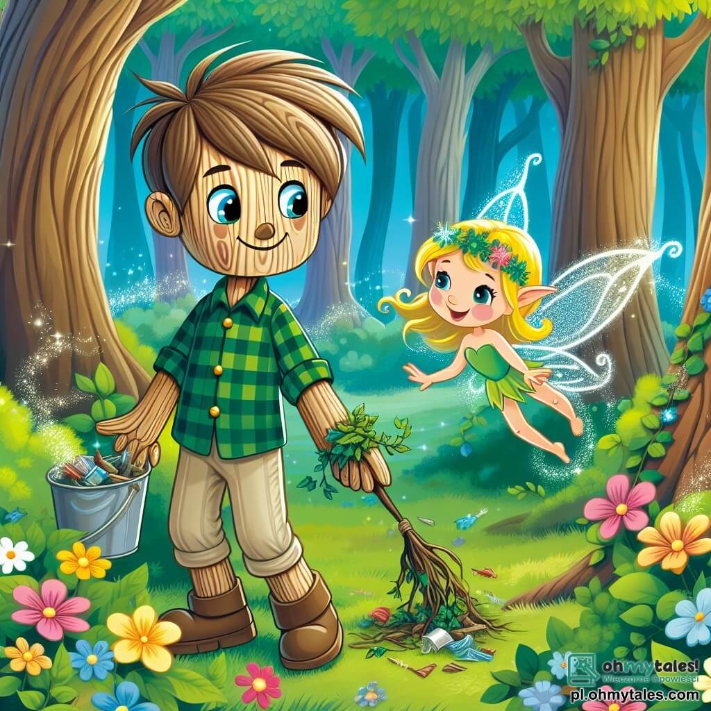 Une illustration sous forme de dessin destinée aux enfants représentant une clairière enchantée au cœur d'un forêt magique, avec des arbres aux feuilles émeraude et des fleurs multicolores, où un jeune garçon en bois aux yeux pétillants et au sourire malicieux, vêtu d'une chemise à carreaux et d'un pantalon en toile, s'active joyeusement à ramasser des déchets pour nettoyer la nature, tandis qu'une petite fée aux ailes scintillantes et aux cheveux dorés, flottant à ses côtés, l'encourage avec un sourire radieux, symbolisant l'union des forces pour sauver leur environnement et redonner vie à leur monde.
