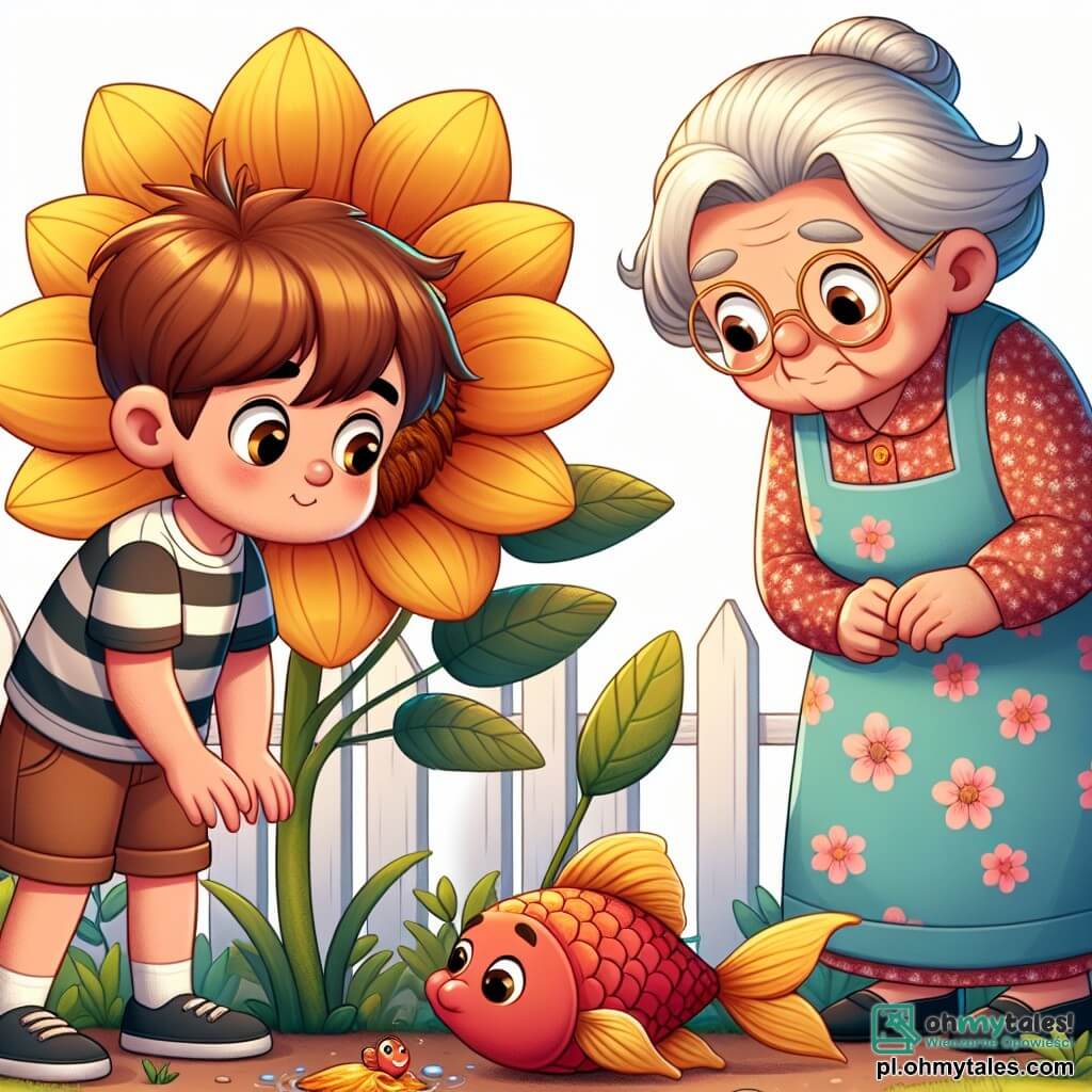 Une illustration sous forme de dessin destinée aux enfants représentant un jardin enchanteur, rempli de fleurs colorées et d'un petit étang, où un garçon de 7 ans aux cheveux châtains et aux yeux pétillants, vêtu d'une t-shirt rayé et d'un short, se tient à côté d'une grande fleur jaune, regardant avec tristesse une petite poisson rouge allongée sur le sol, tandis qu'une vieille dame au sourire doux, avec des cheveux gris et un tablier fleuri, s'agenouille à ses côtés pour l'aider à dire adieu à son amie aquatique, symbolisant le thème de la perte et de la mémoire.